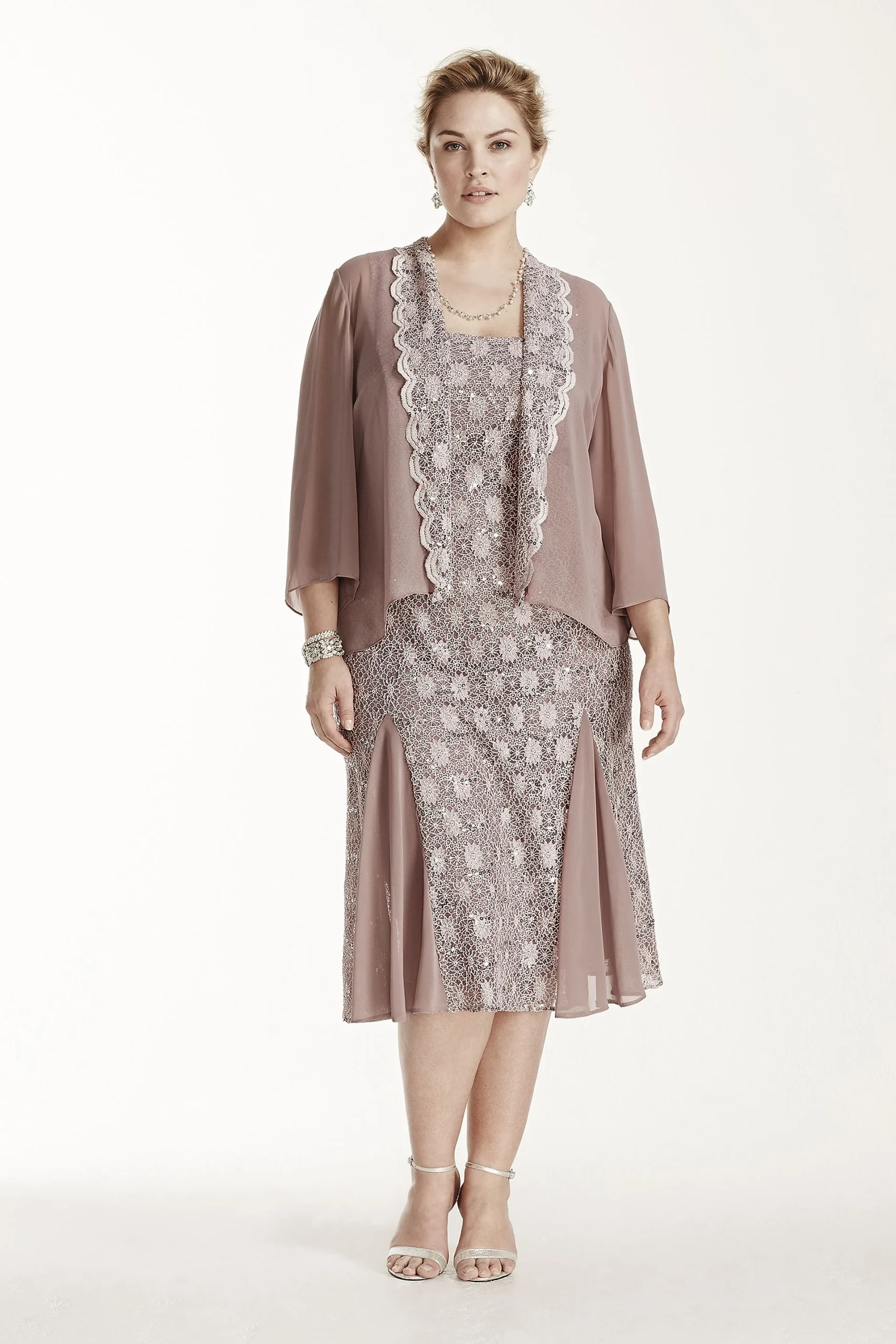 Tea Length Lace Jacket Dress with 3/4 Sleeves