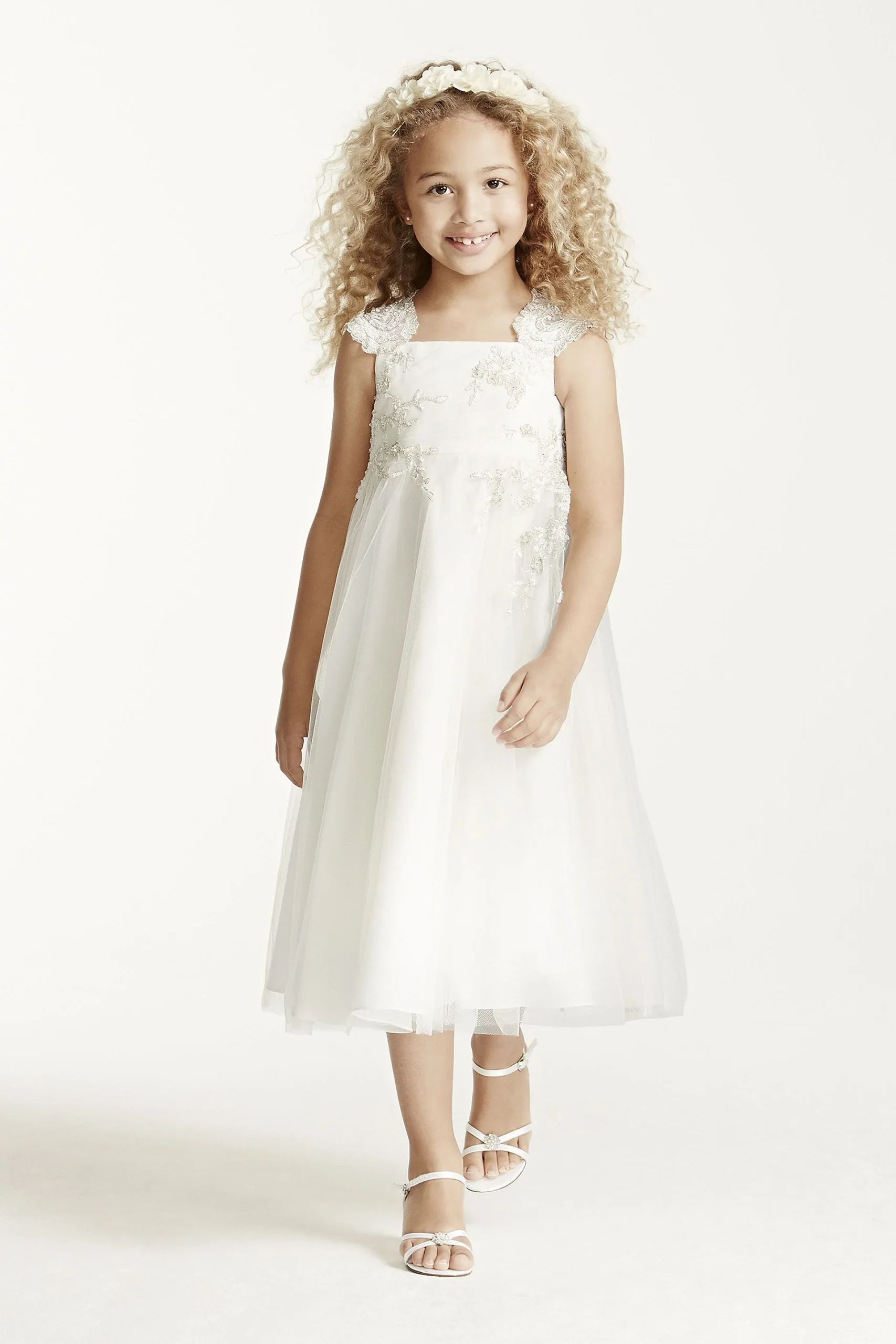 Tea Length A Line Tulle Gown with Beaded Lace