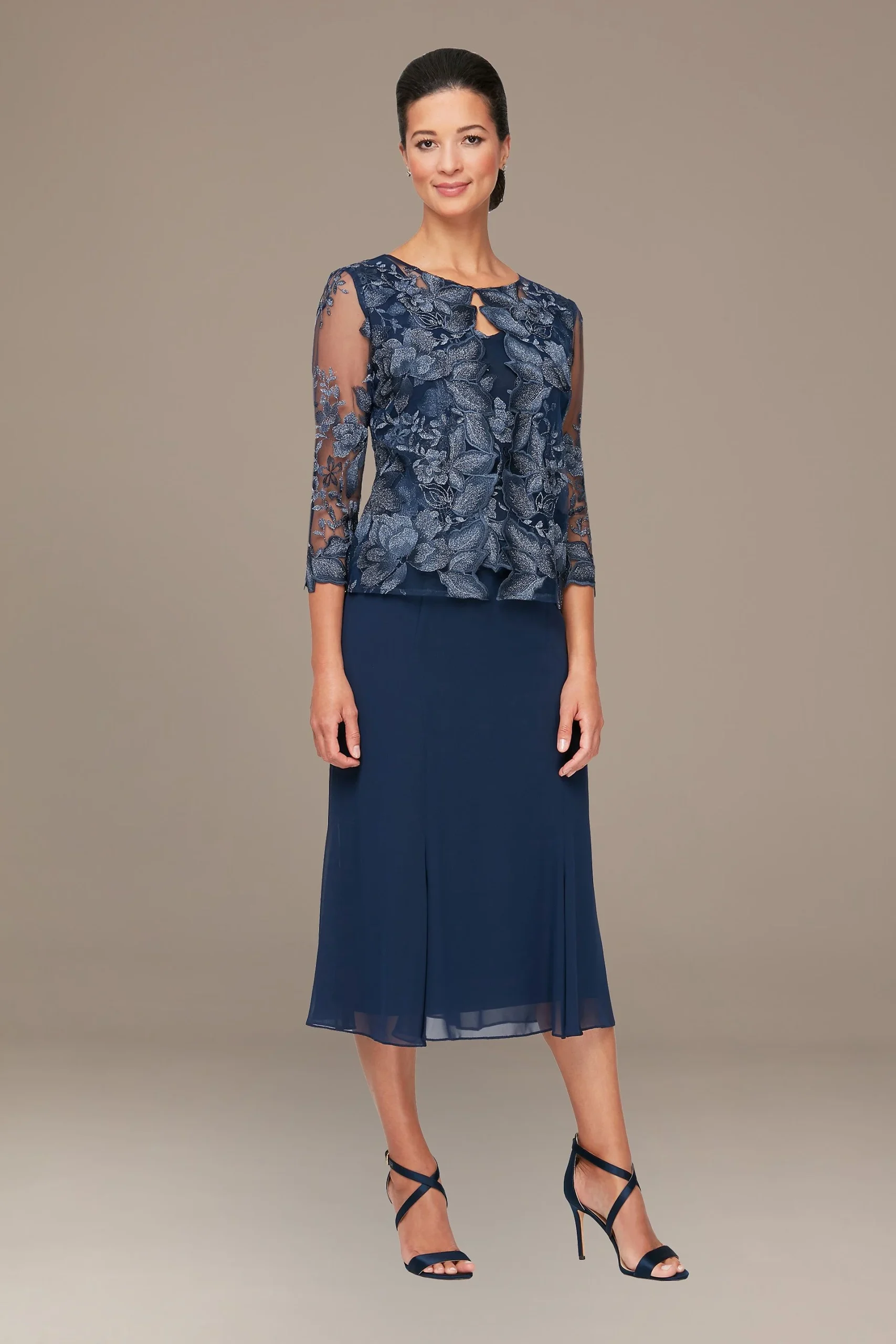 Tea Length Mock Jacket Dress with Illusion Sleeves