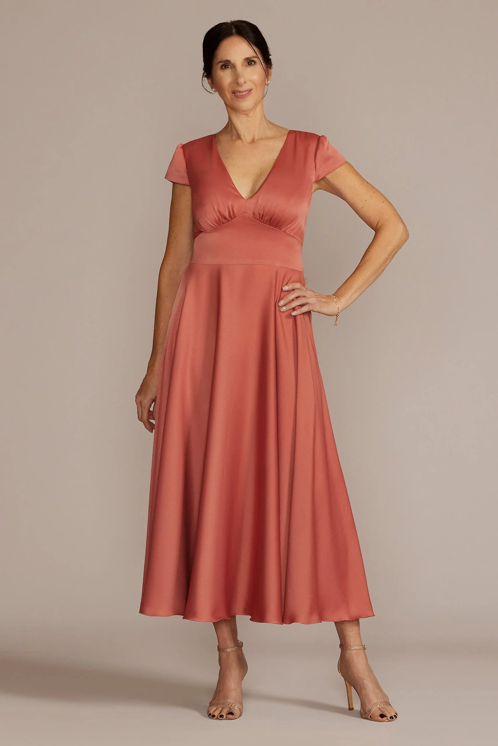 Tea Length Satin A-Line with Waistband Detail