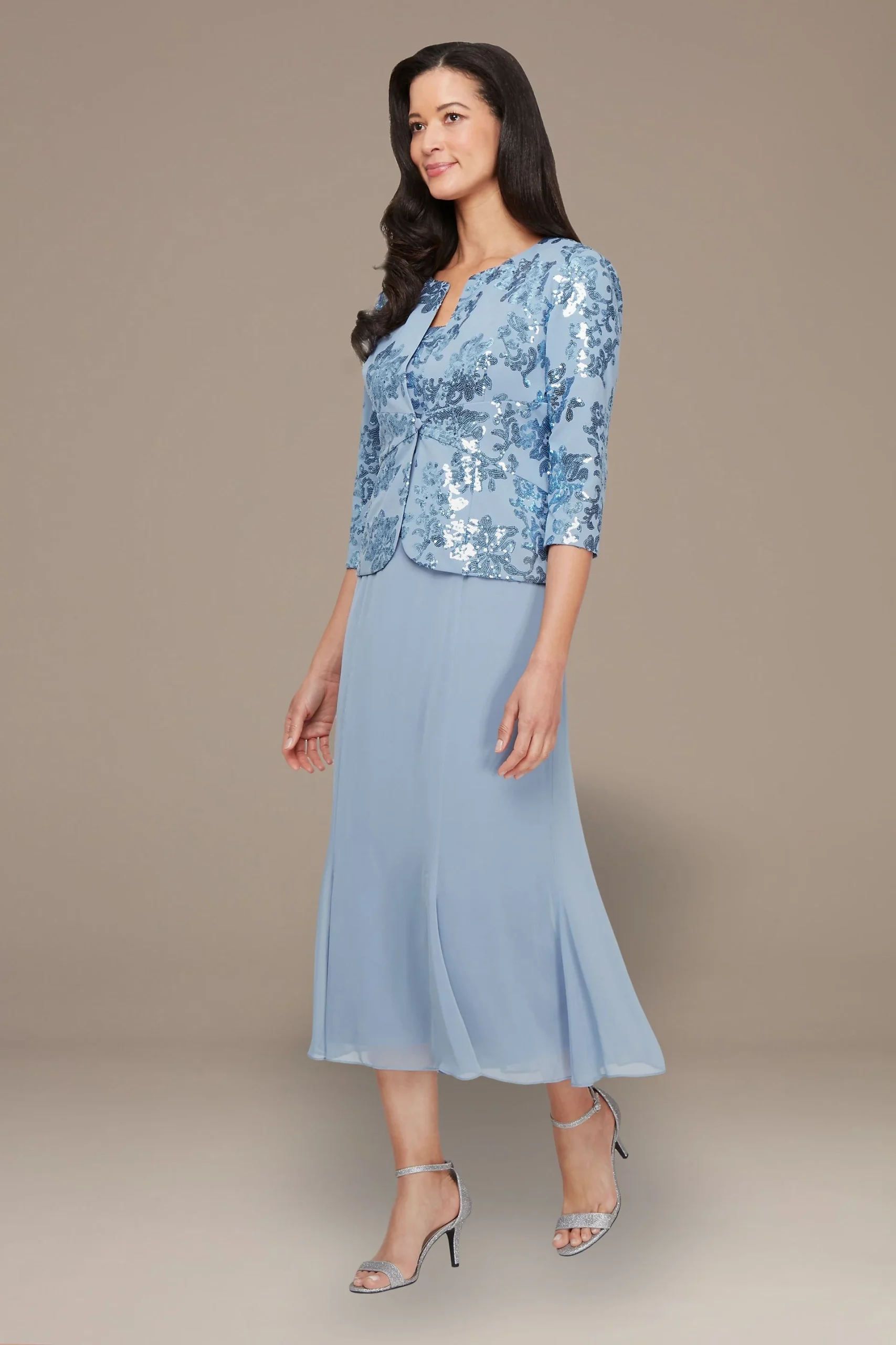 Tea-Length Sequin Jacket Dress with Chiffon Skirt
