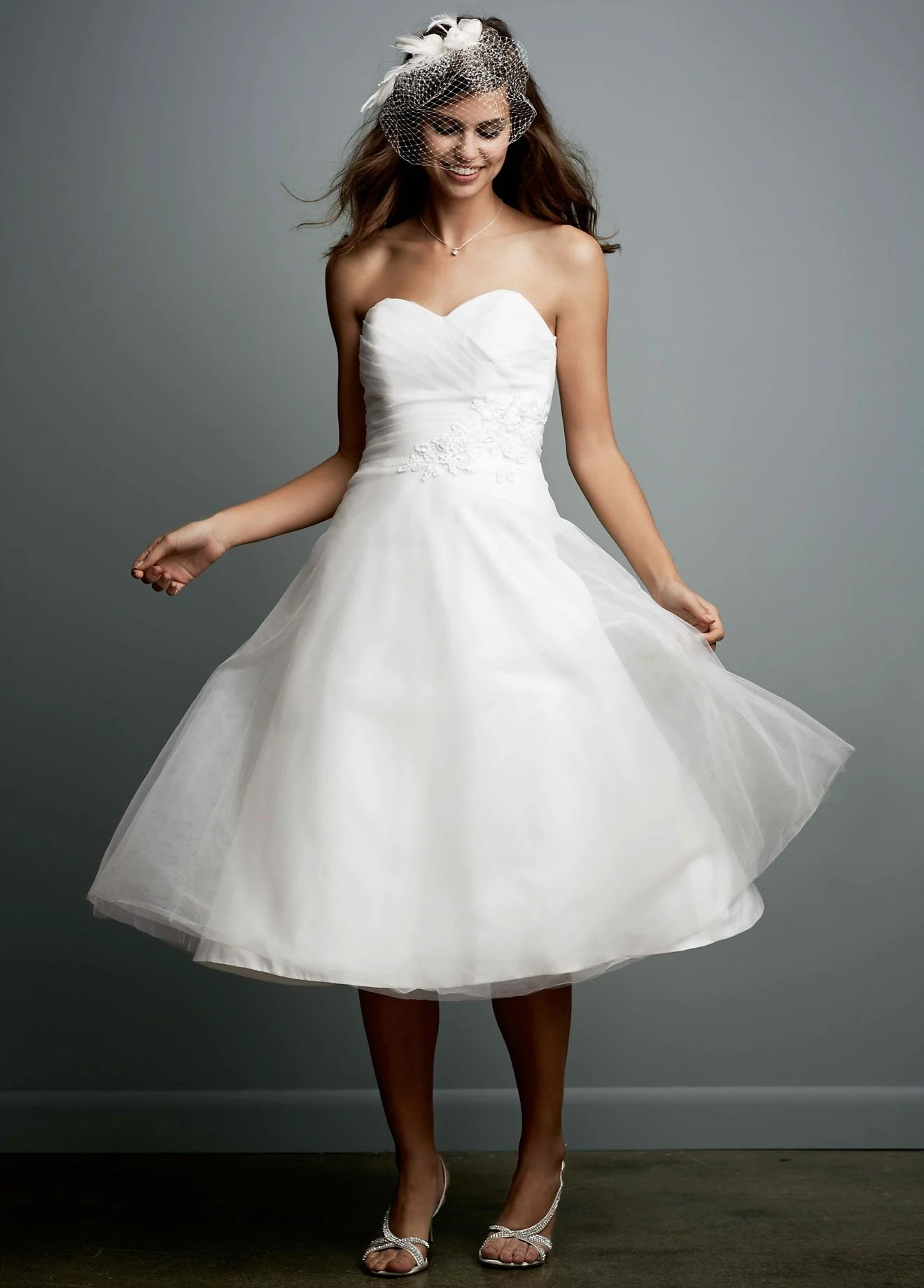 Tea-Length Strapless Tulle Gown with Floral Sash
