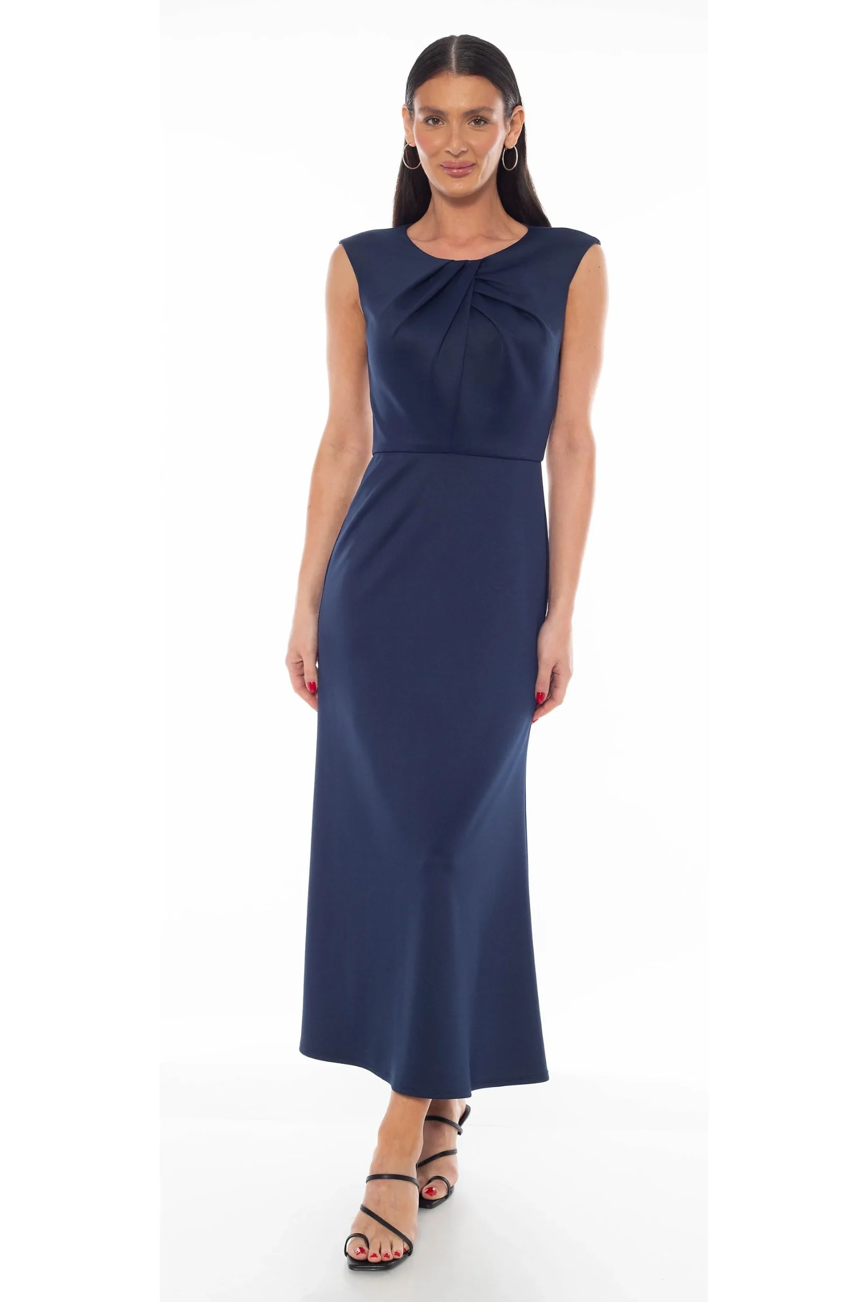 Techno Scuba Crepe Pleated Bodice Midi Dress