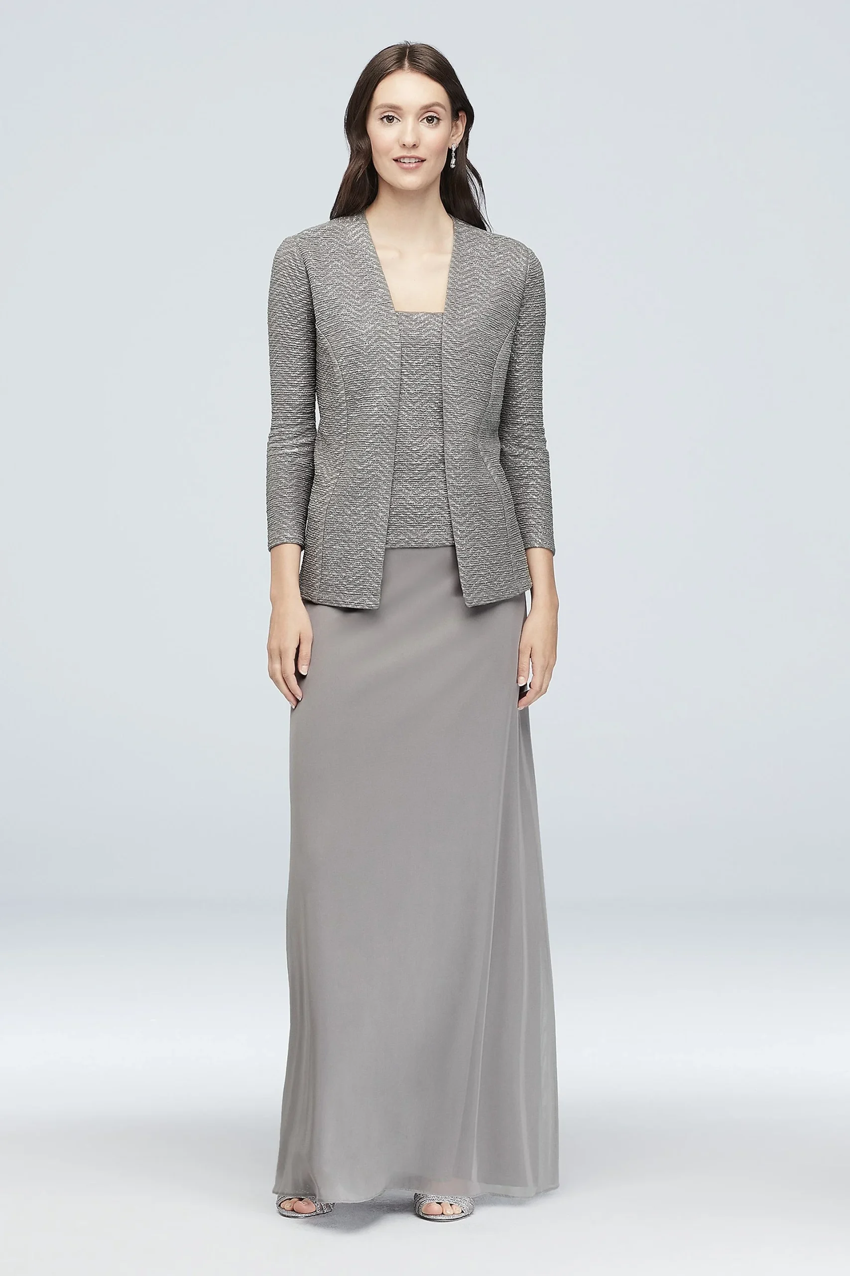 Textured Glitter Knit and Mesh Gown with Jacket