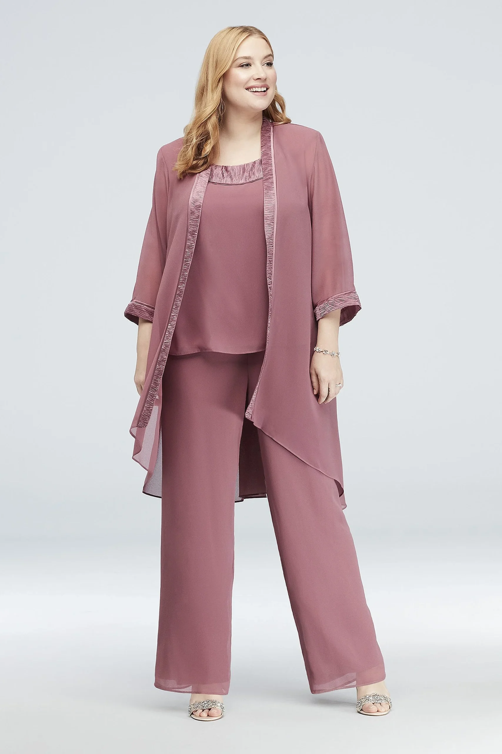 Three-Piece Chiffon Pantsuit with High-Low Jacket