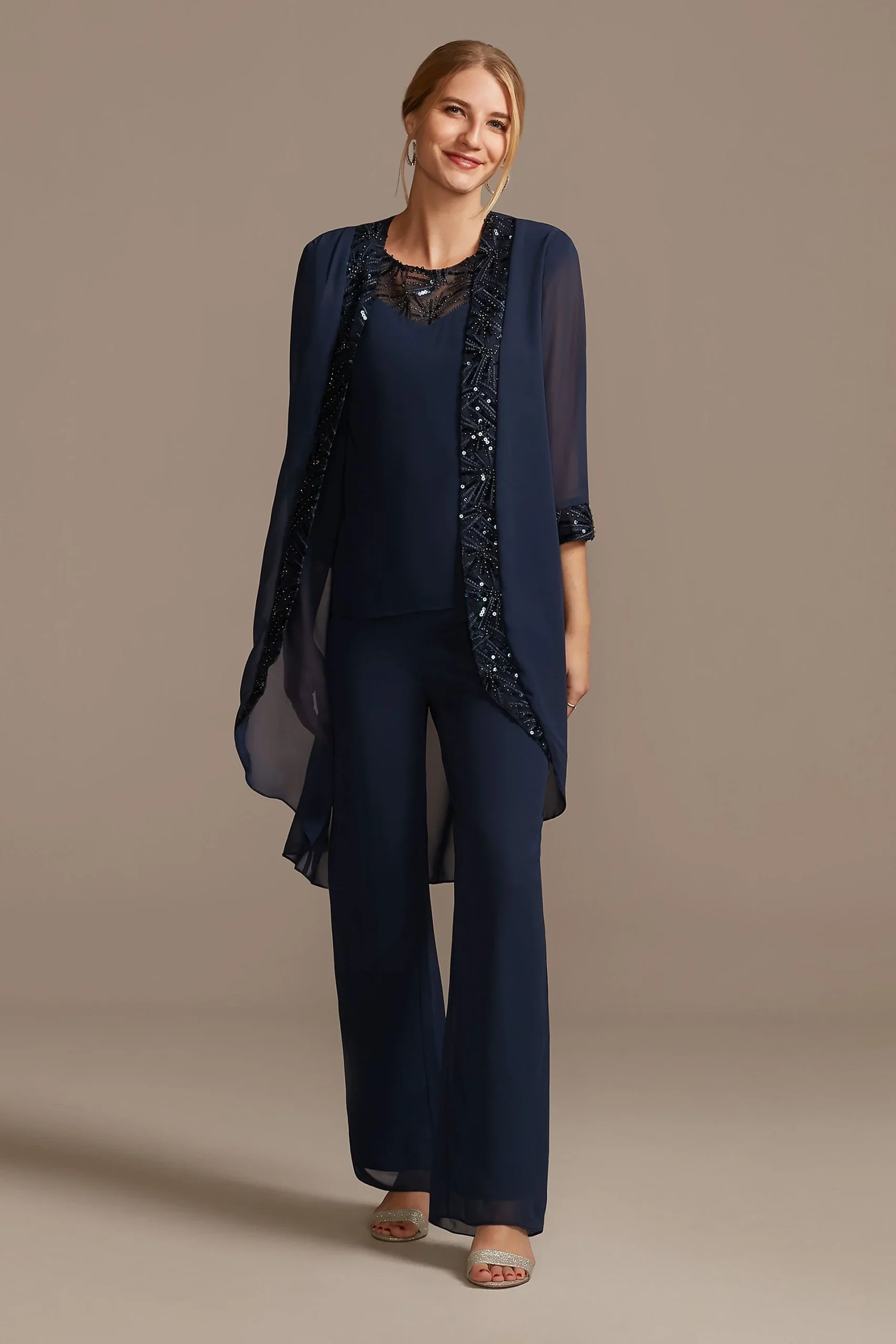 Three Piece Embellished Illusion Trim Chiffon Set