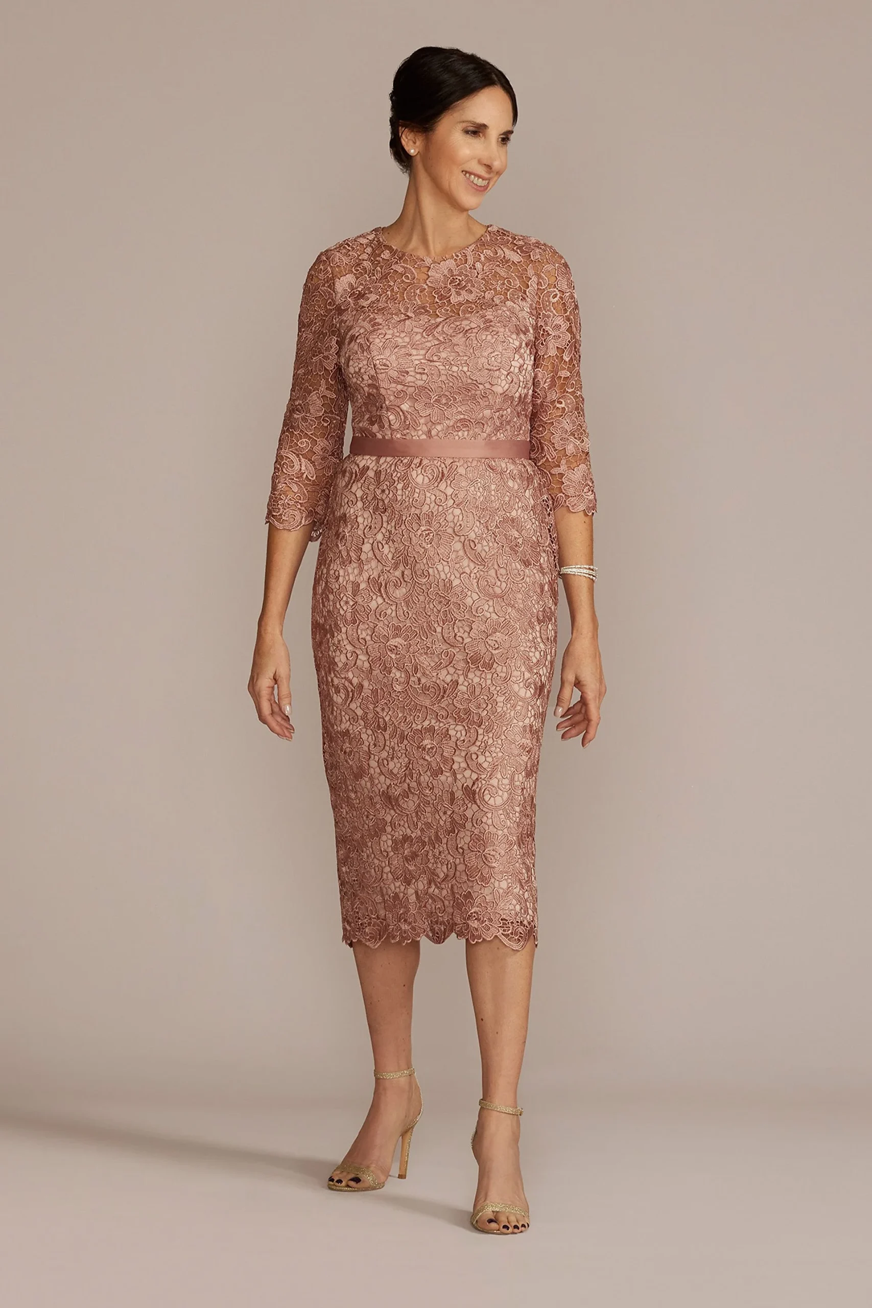 Three-Quarter Lace Dress with Satin Waistband