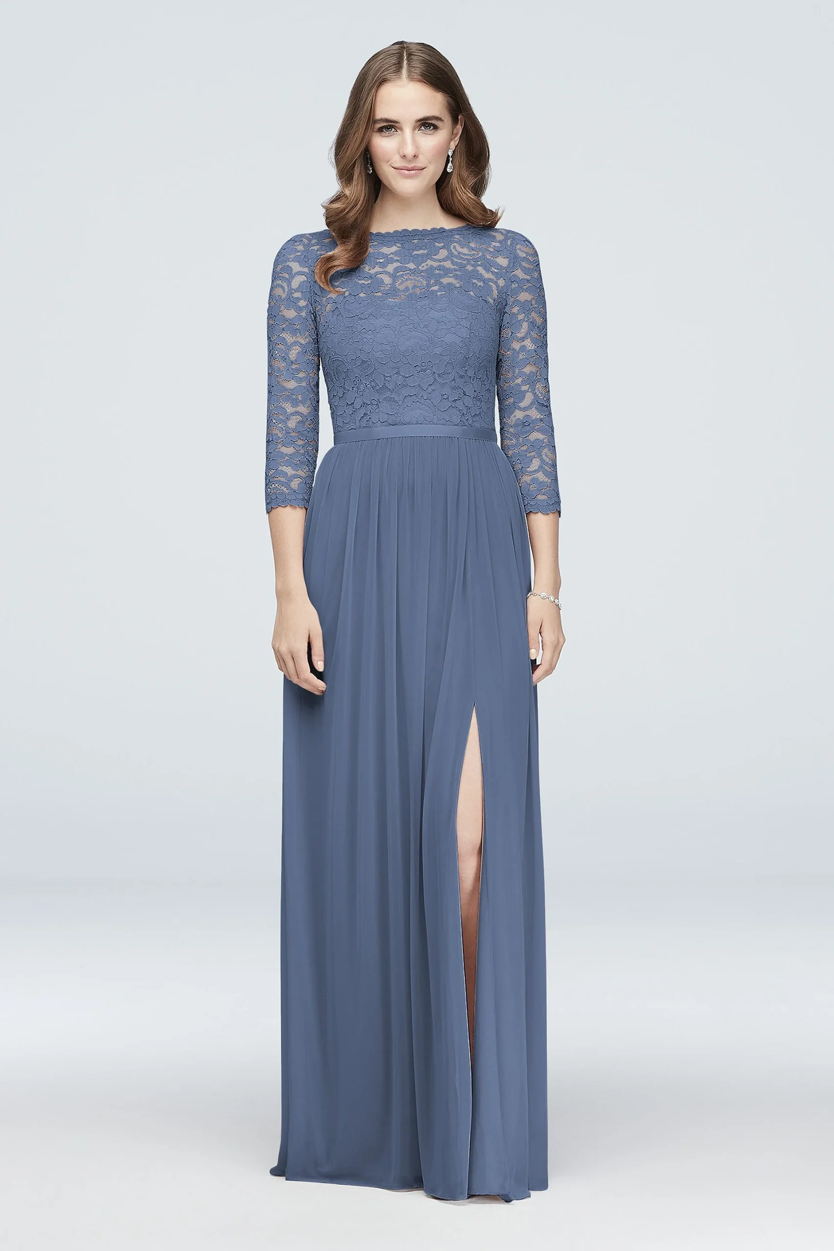 Three-Quarter Lace and Mesh Bridesmaid Dress
