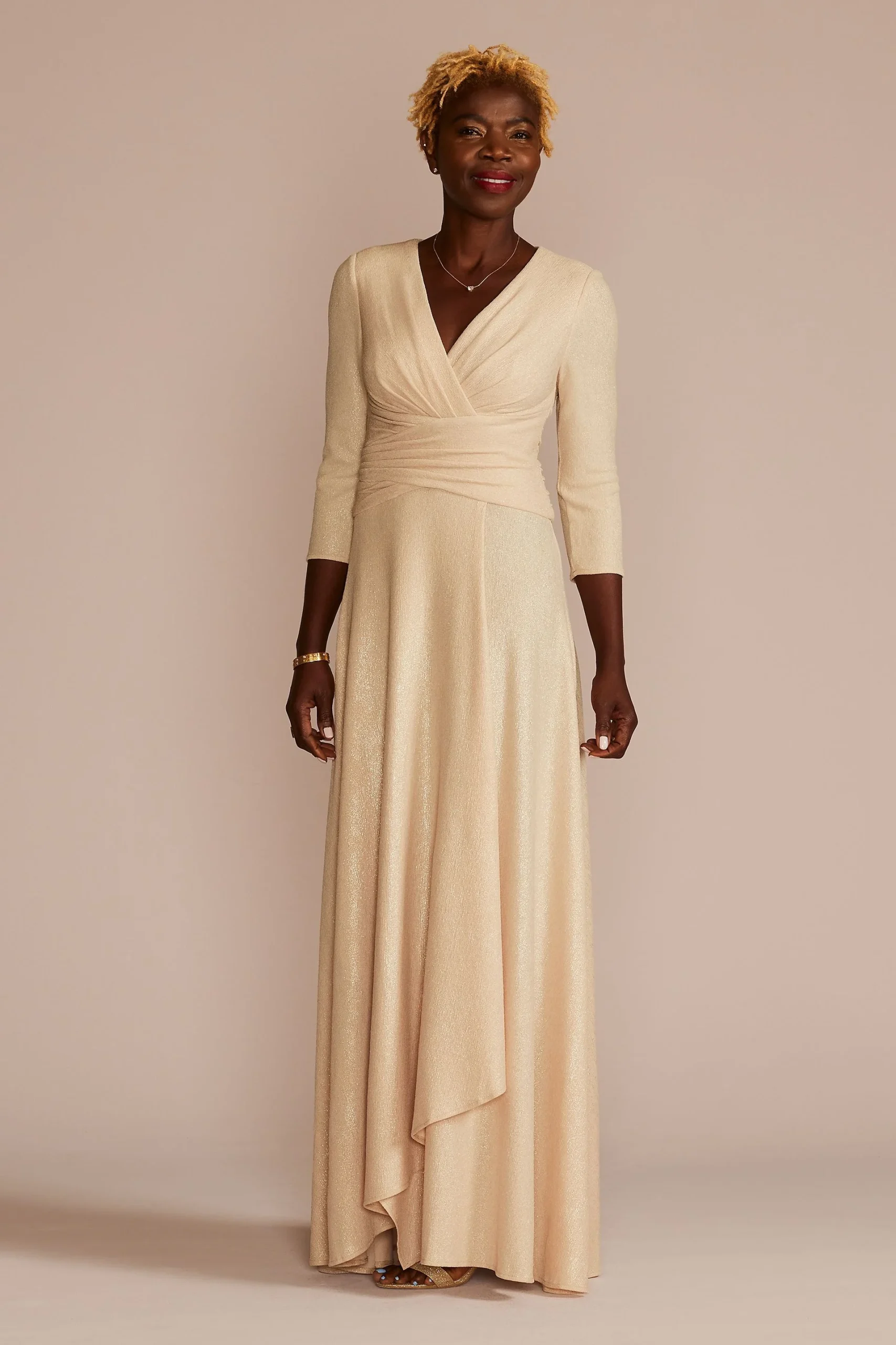 Three-Quarter Metallic A-Line Wrap Dress