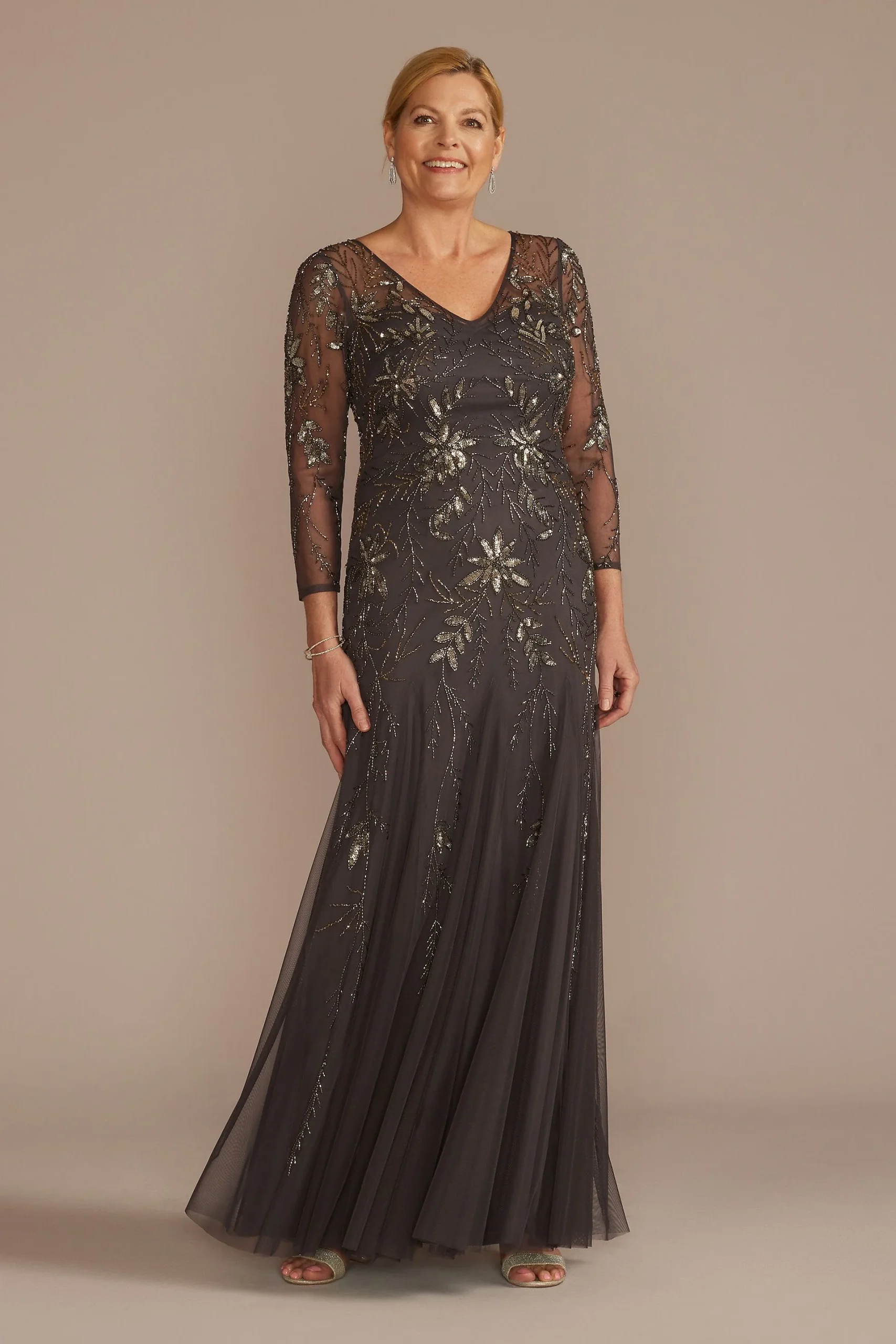 Three-Quarter Sleeve Beaded Gown with Godets