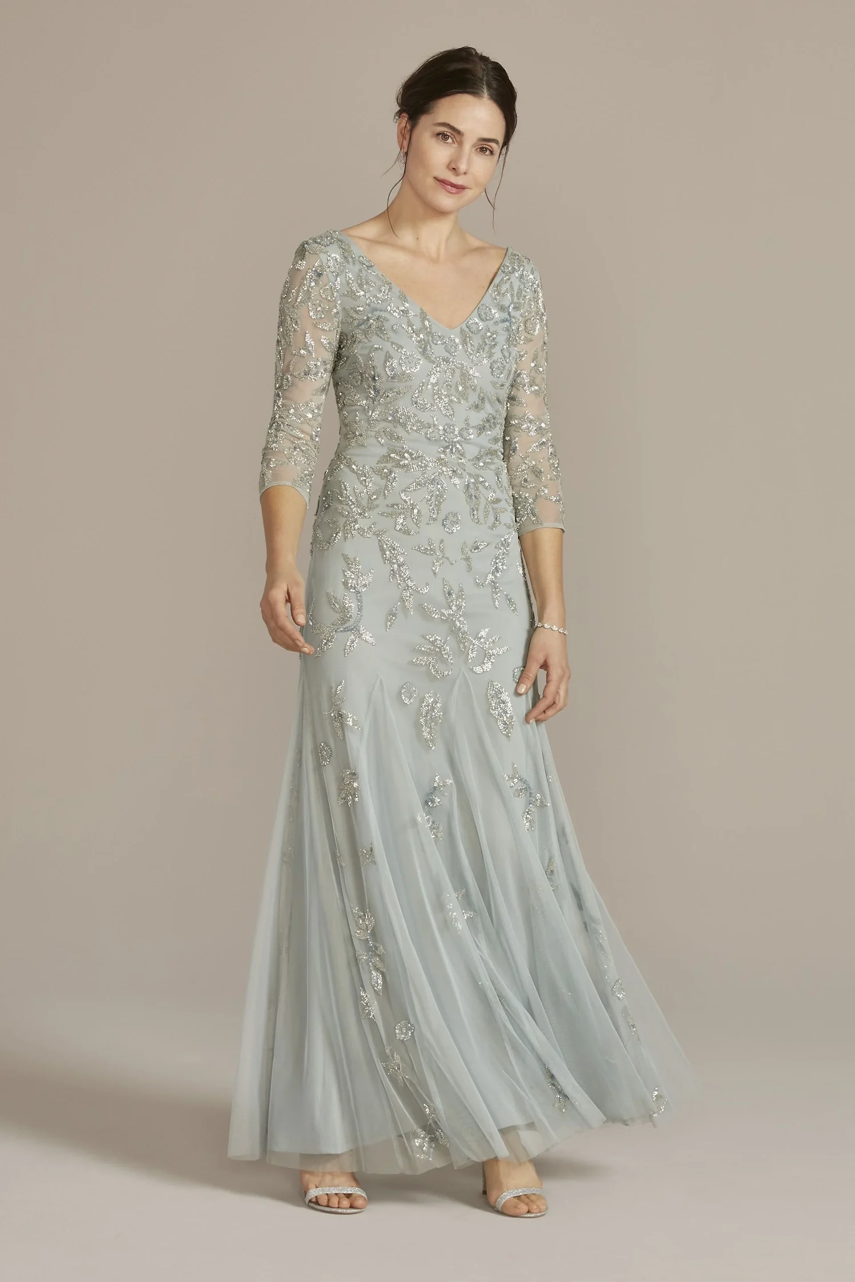 Three Quarter Sleeve Beaded V-Neck Sheath