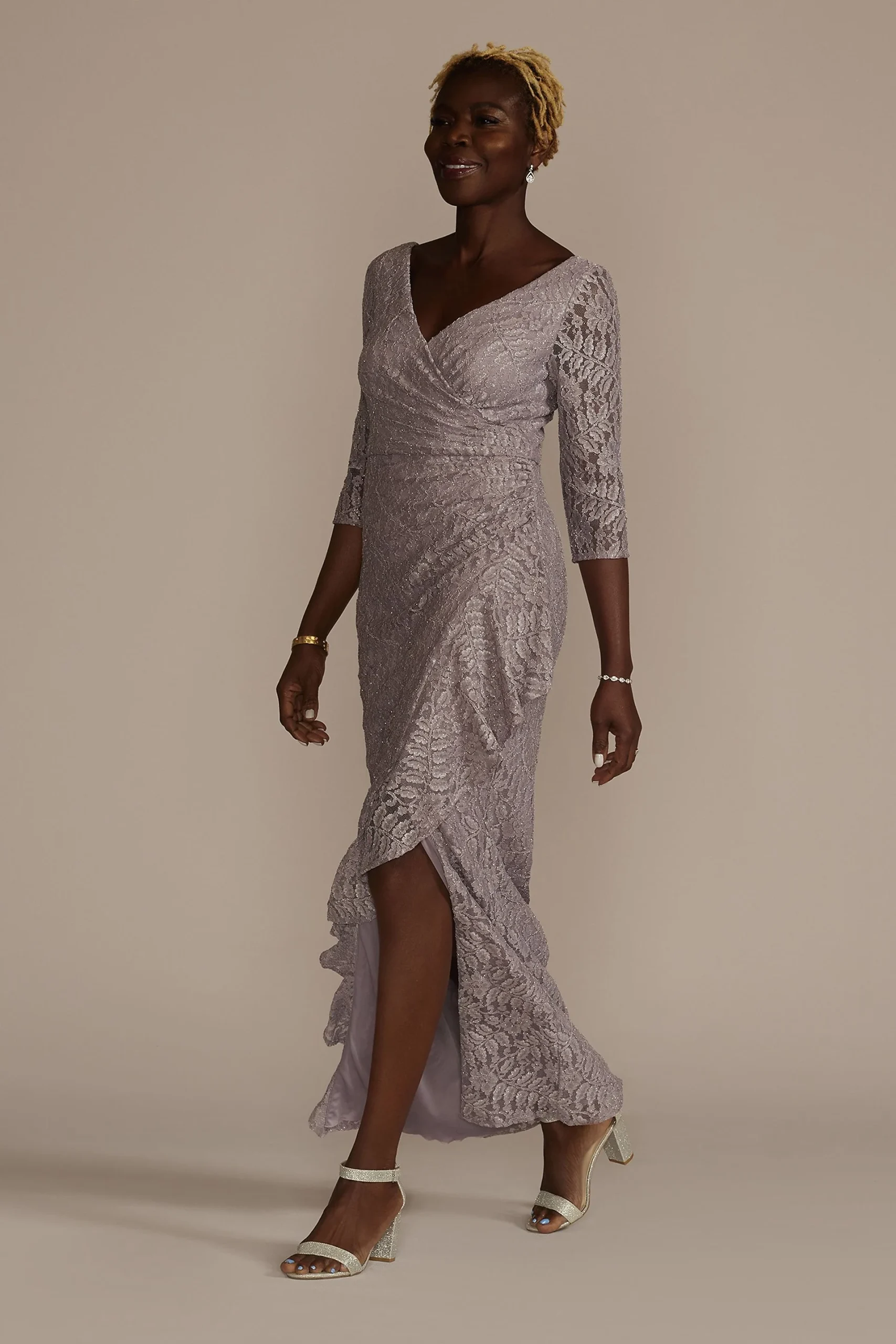 Three-Quarter Sleeve Glitter Lace Ruffle Sheath