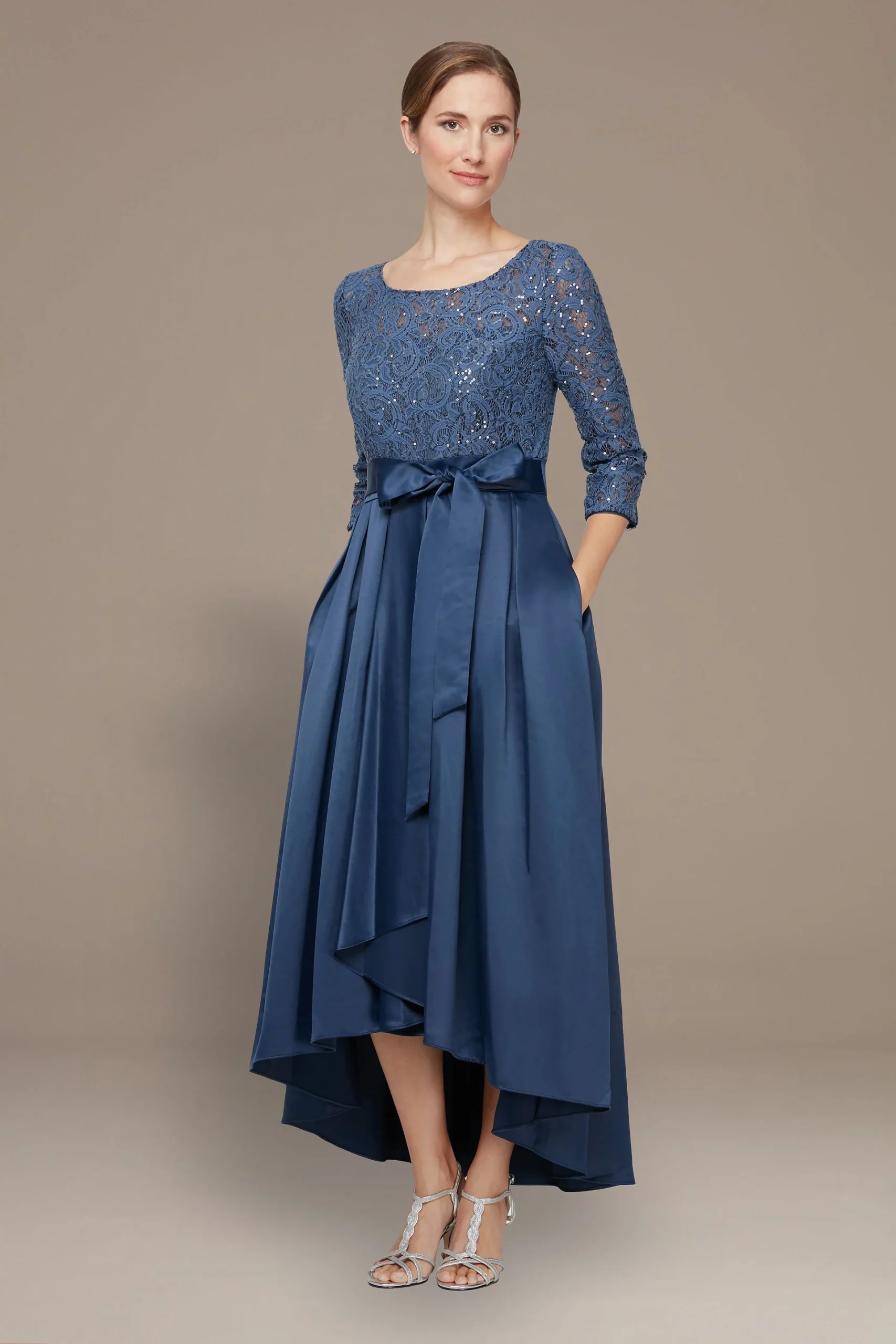 Three-Quarter Sleeve Lace and Satin High-Low Dress