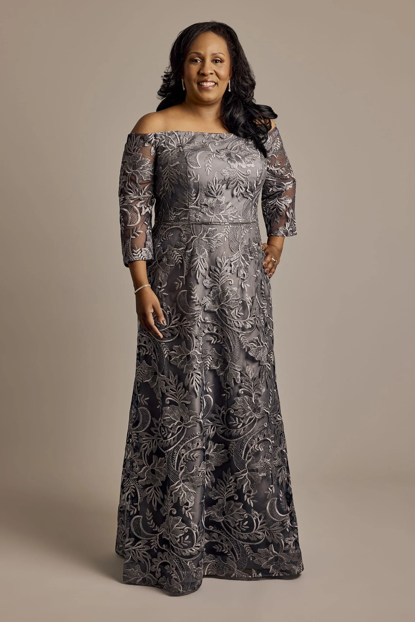 Three-Quarter Sleeve Metallic Embroidered Dress