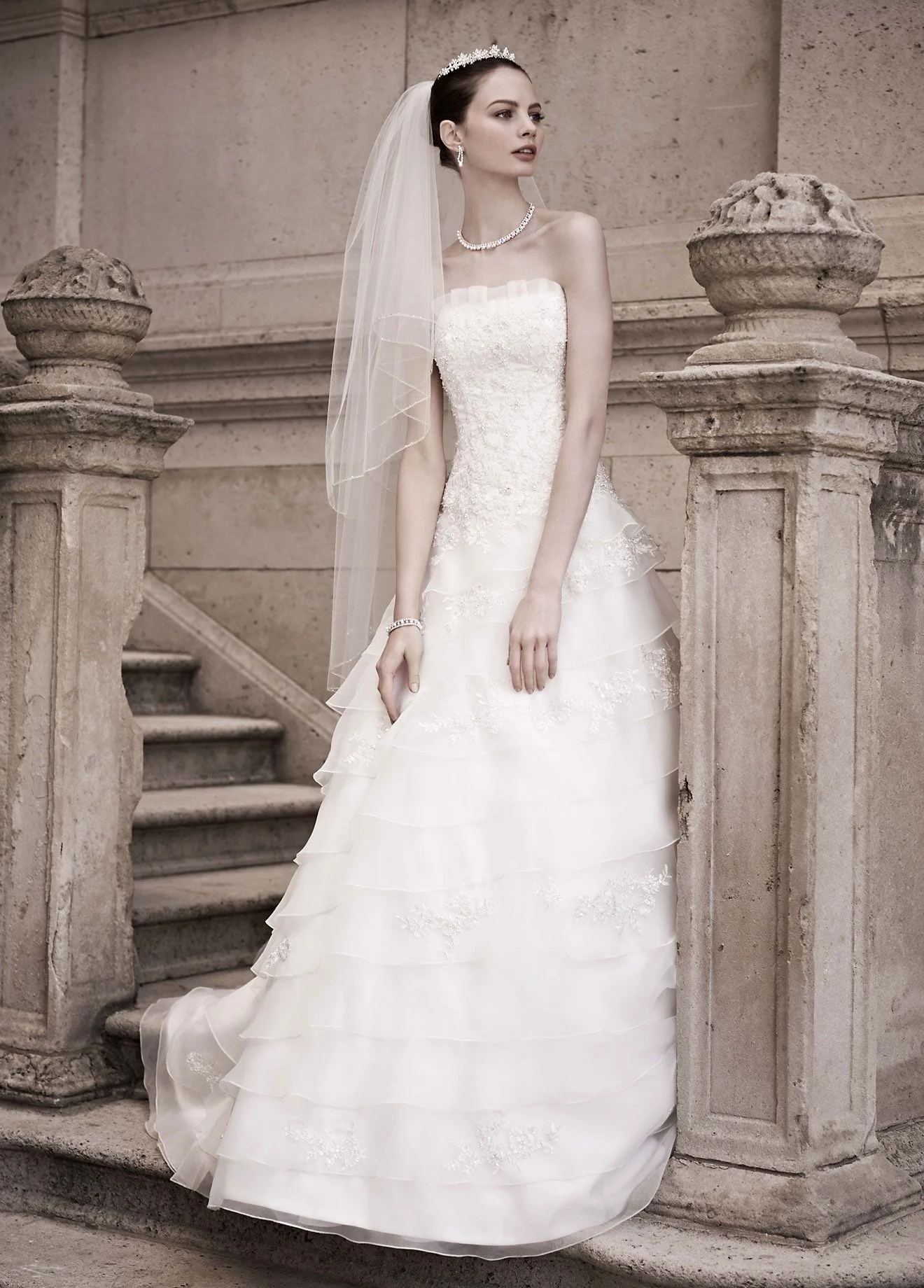 Tiered Ball Gown with Beaded Lace Appliques
