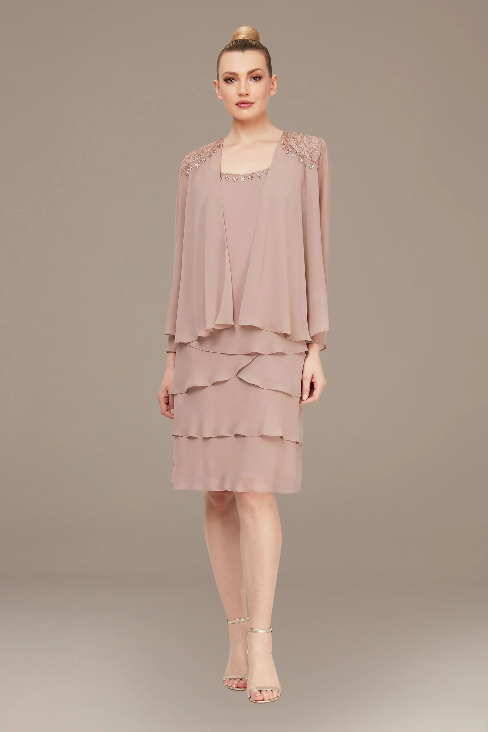 Tiered Chiffon Tank Jacket Dress with Beading