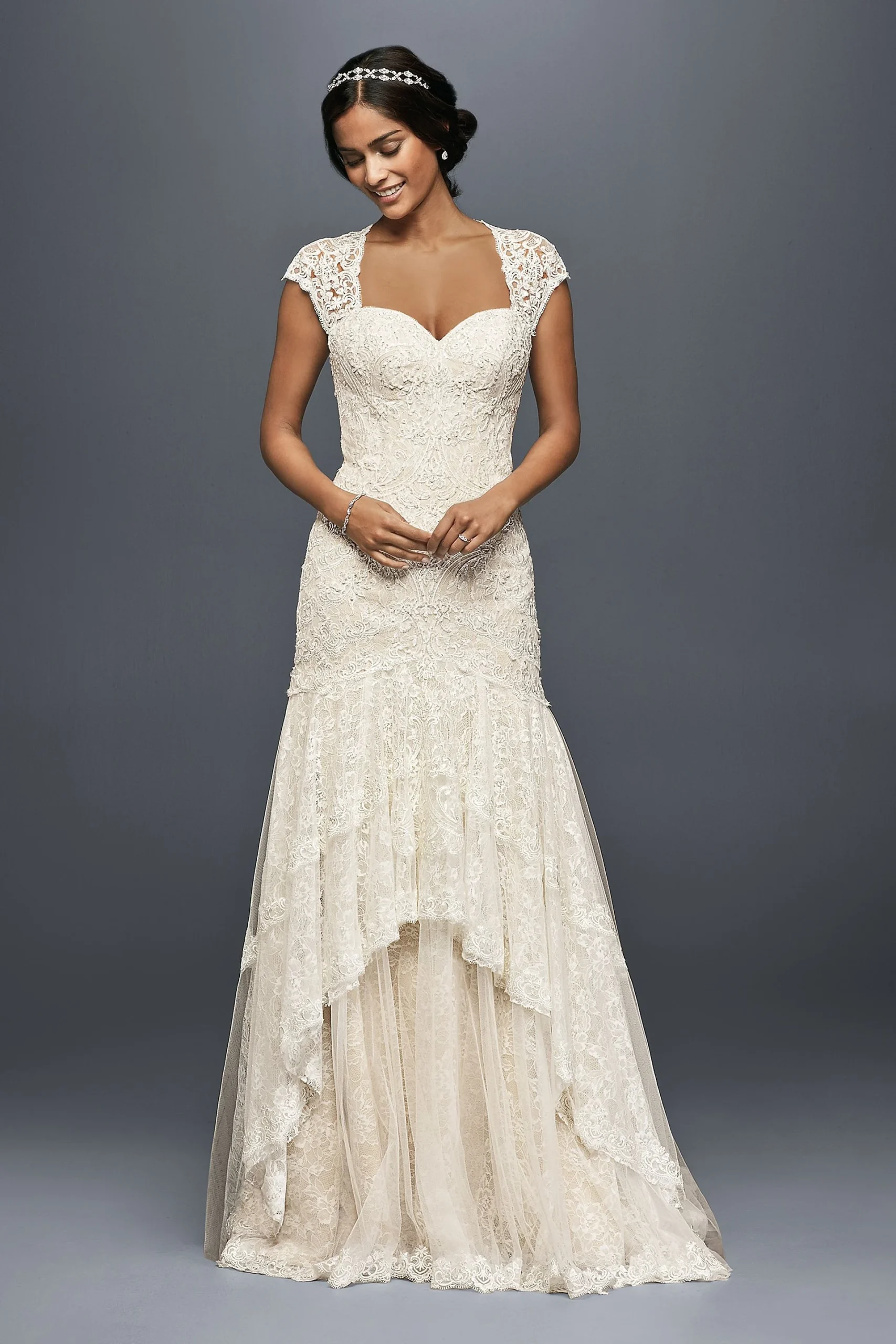 Tiered Lace Mermaid Wedding Dress with Beading
