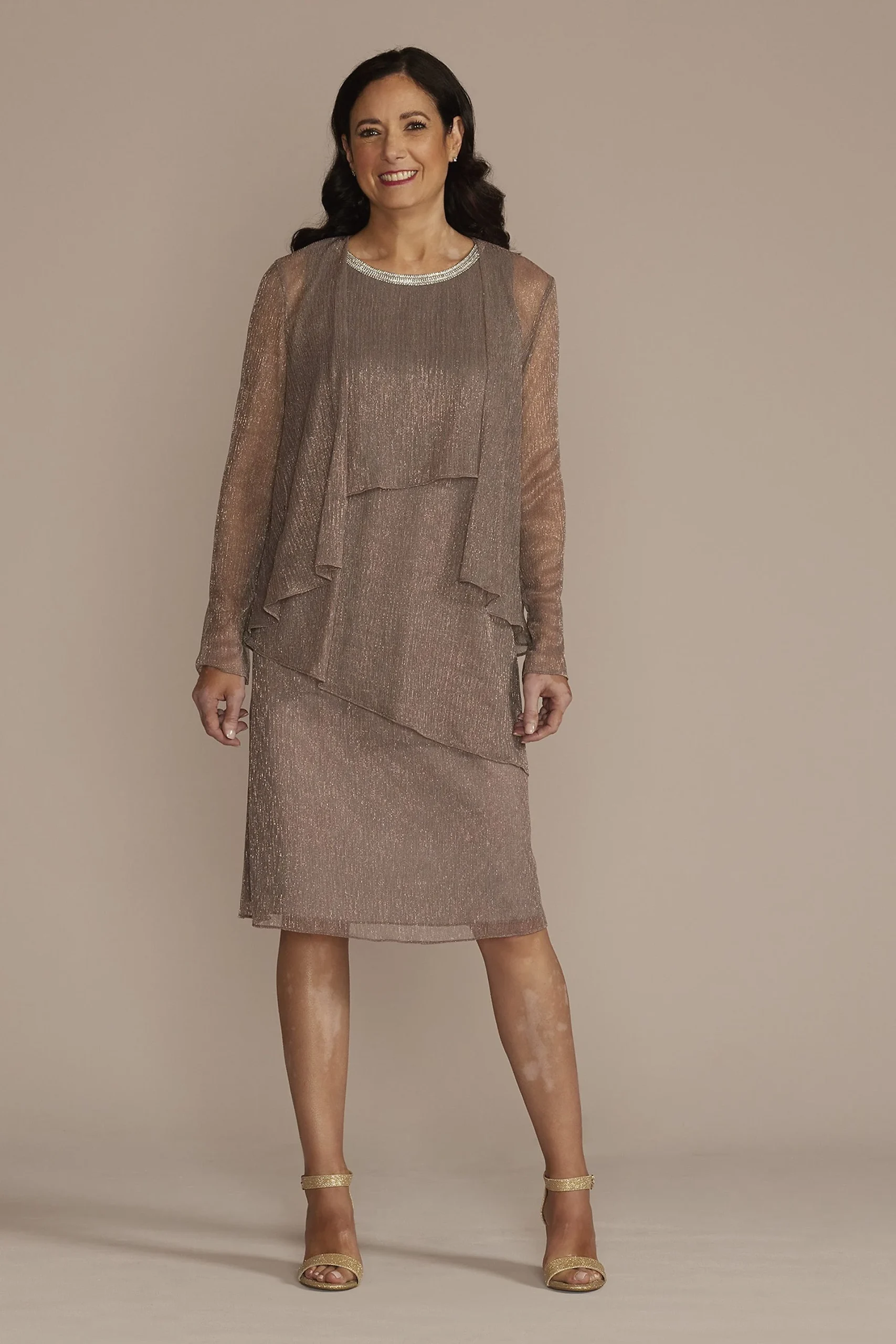Tiered Metallic Jacket Dress with Rhinestone Trim