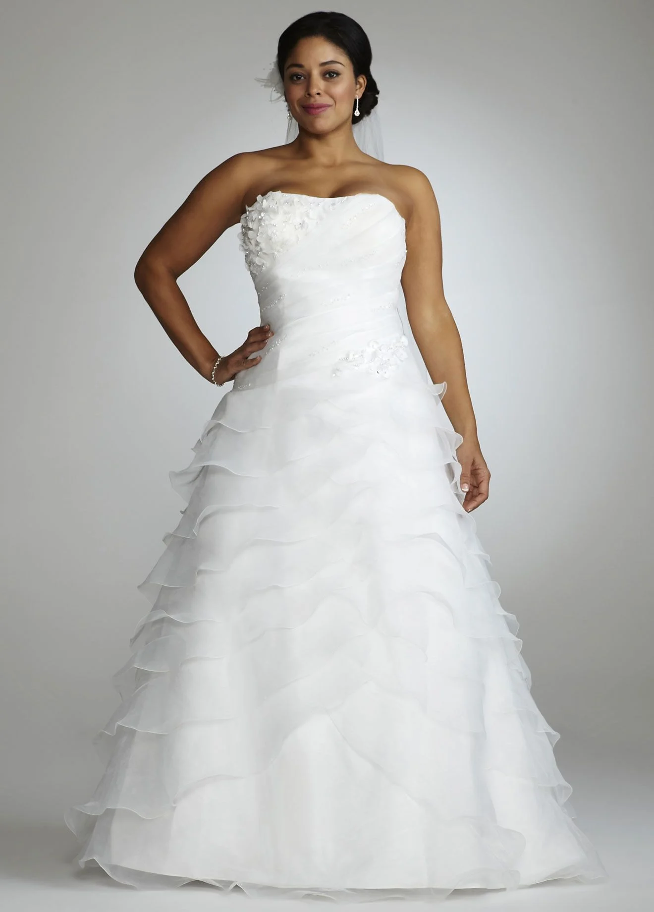 Tiered Organza A Line with Beaded Floral Bodice