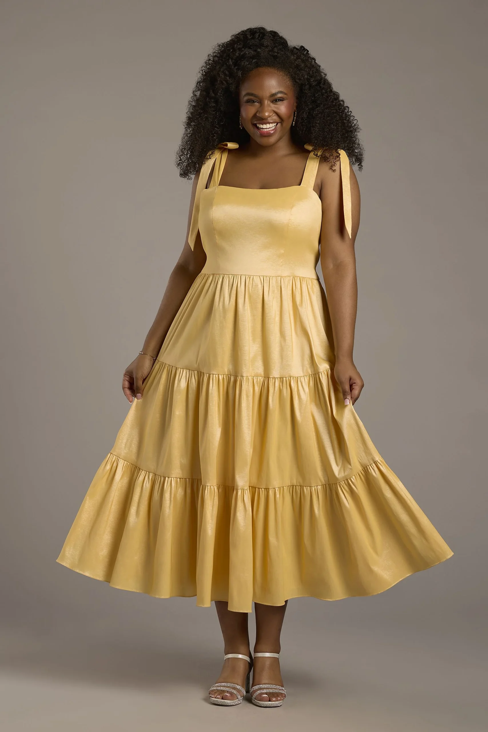 Tiered Taffeta Midi Dress with Tie Straps