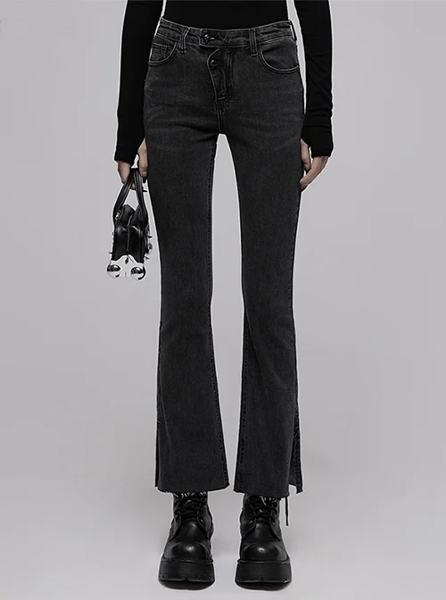 Tight Elastic Distressed Denim Asymmetrical Placket Medium Waist Flared Pants