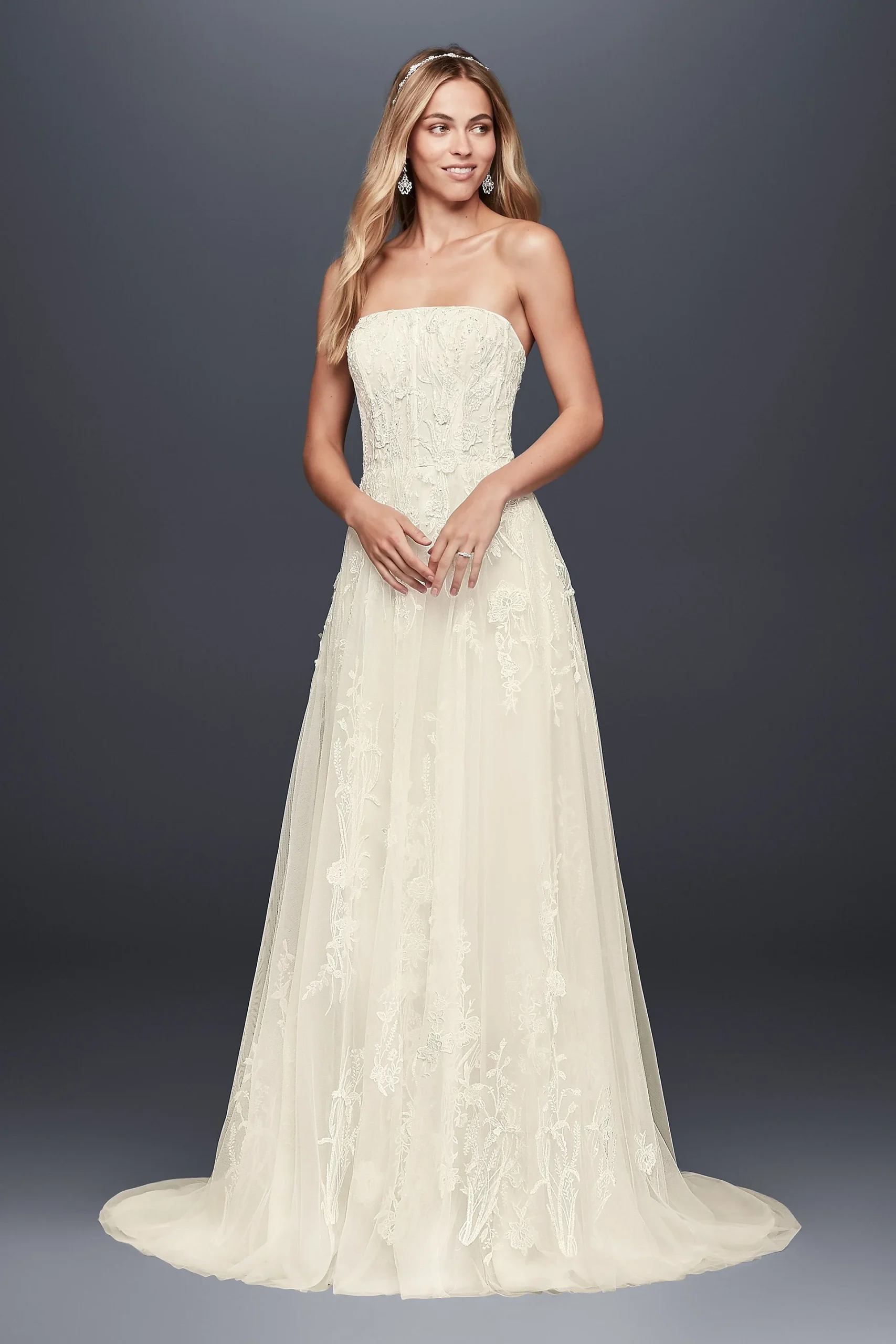 Trailing Floral Lace Wedding Gown with Capelet