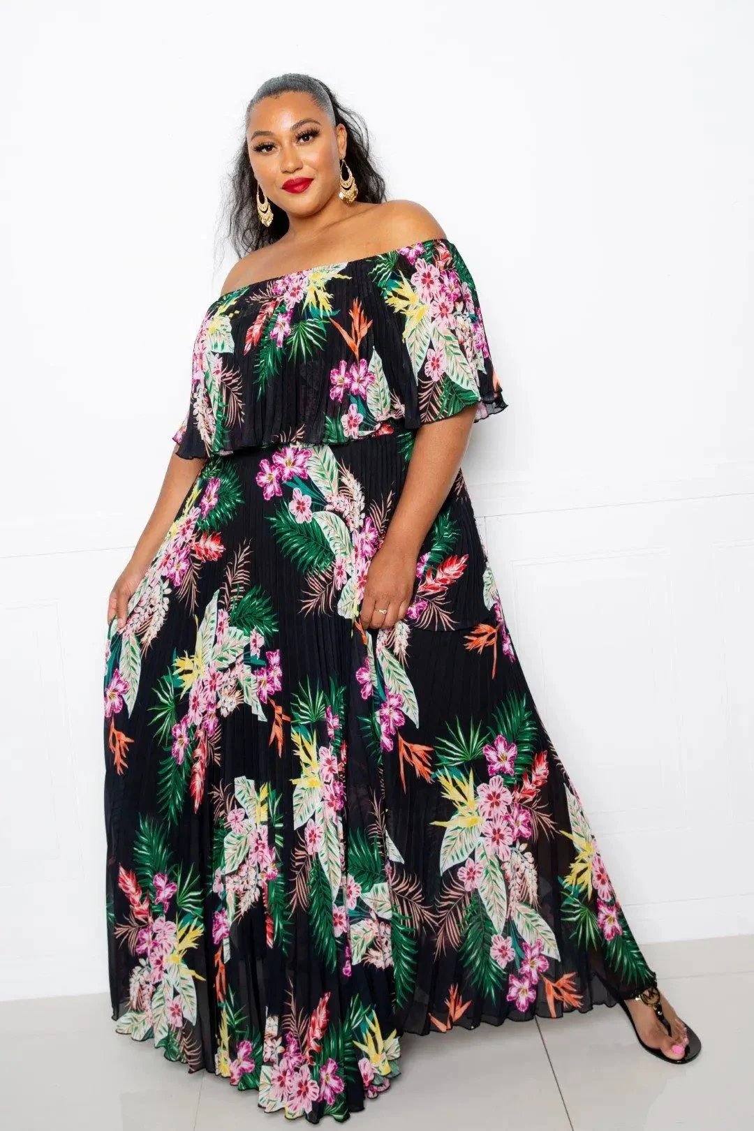 Tropical Printed Off Shoulder Pleated Maxi Dress