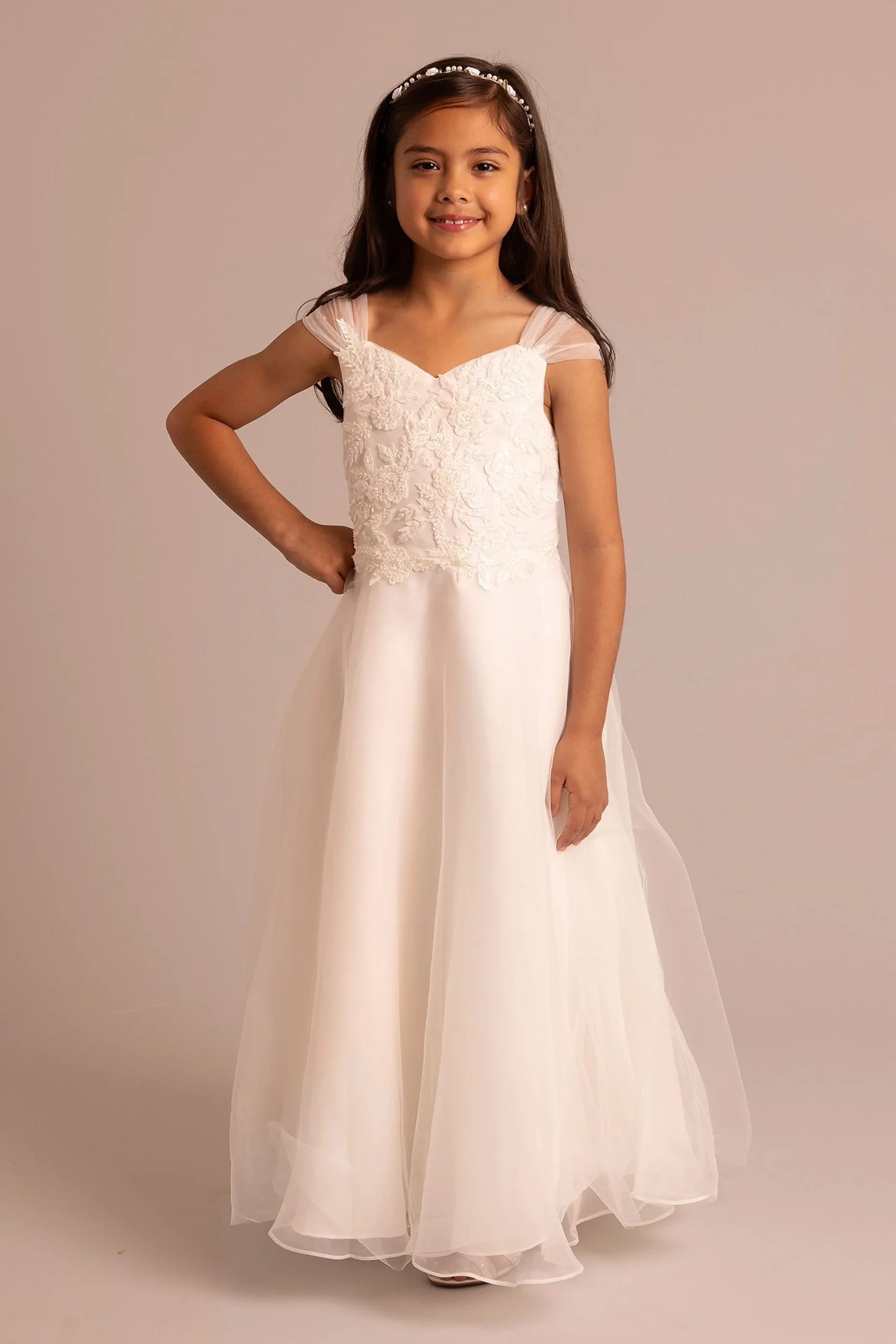 Tulle Appliqued Cap Sleeve Flower Girl Dress