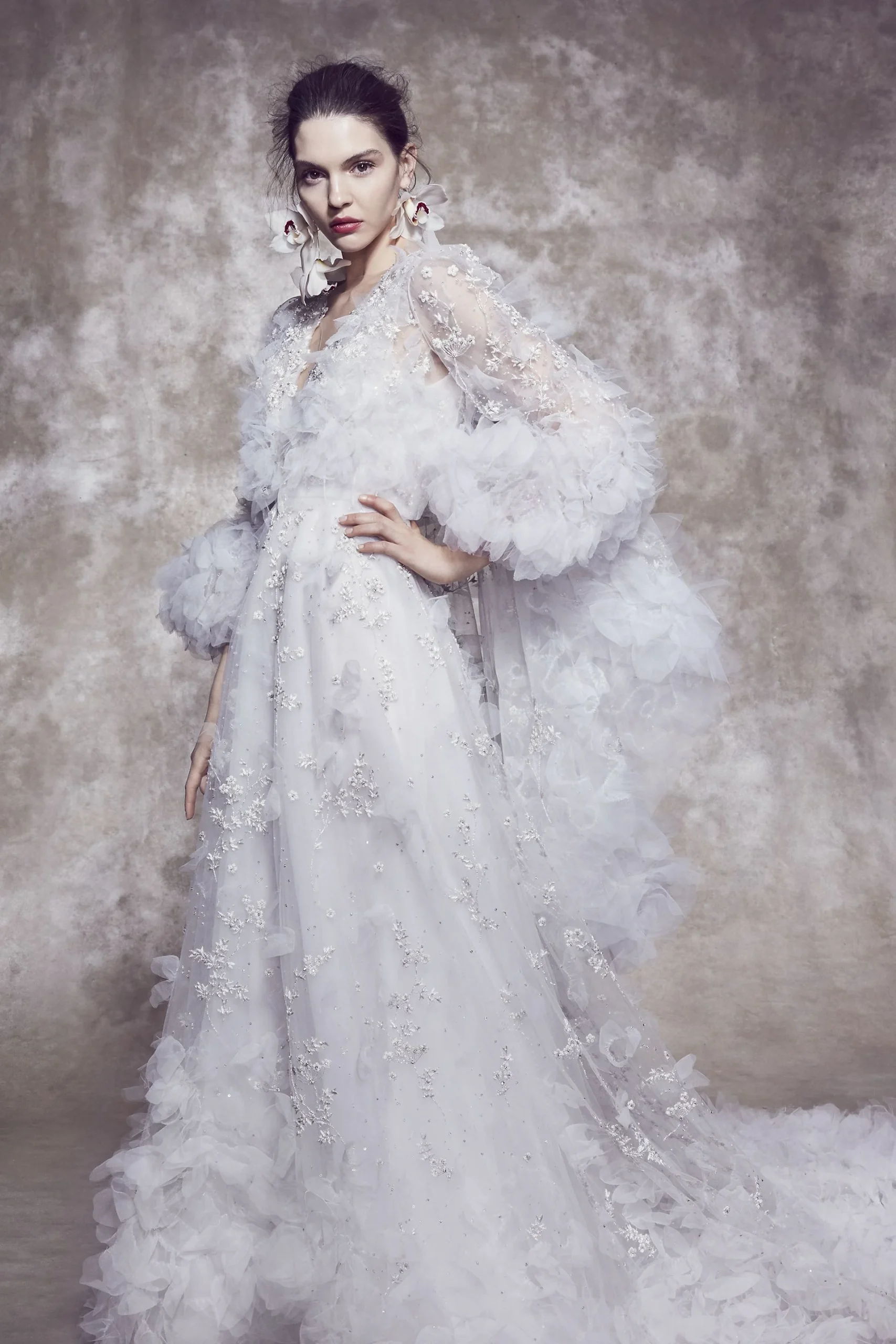 Tulle Bed Coat with 3D Flowers and Embroidery