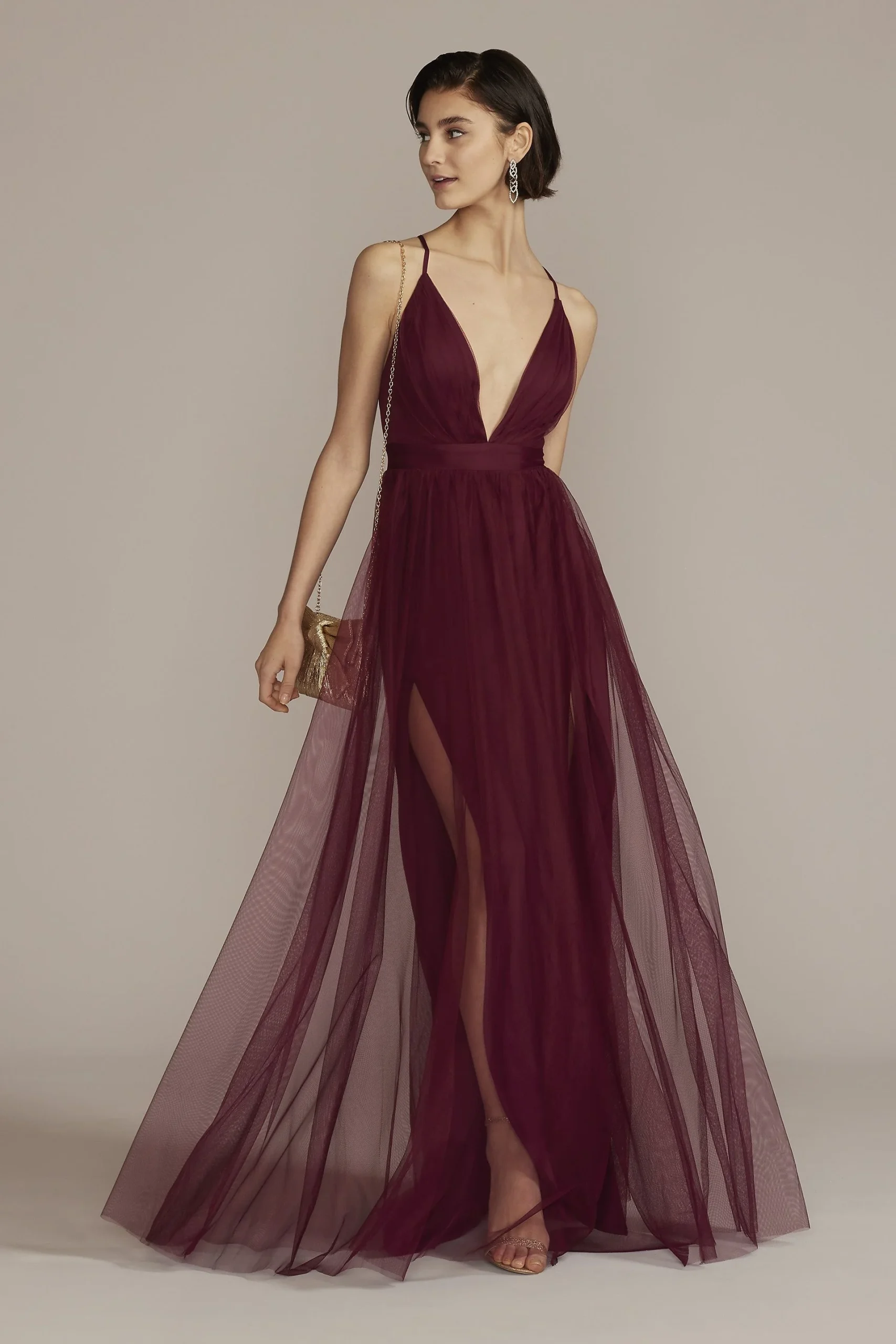 Tulle Dress with Plunge Neckline and Open Back