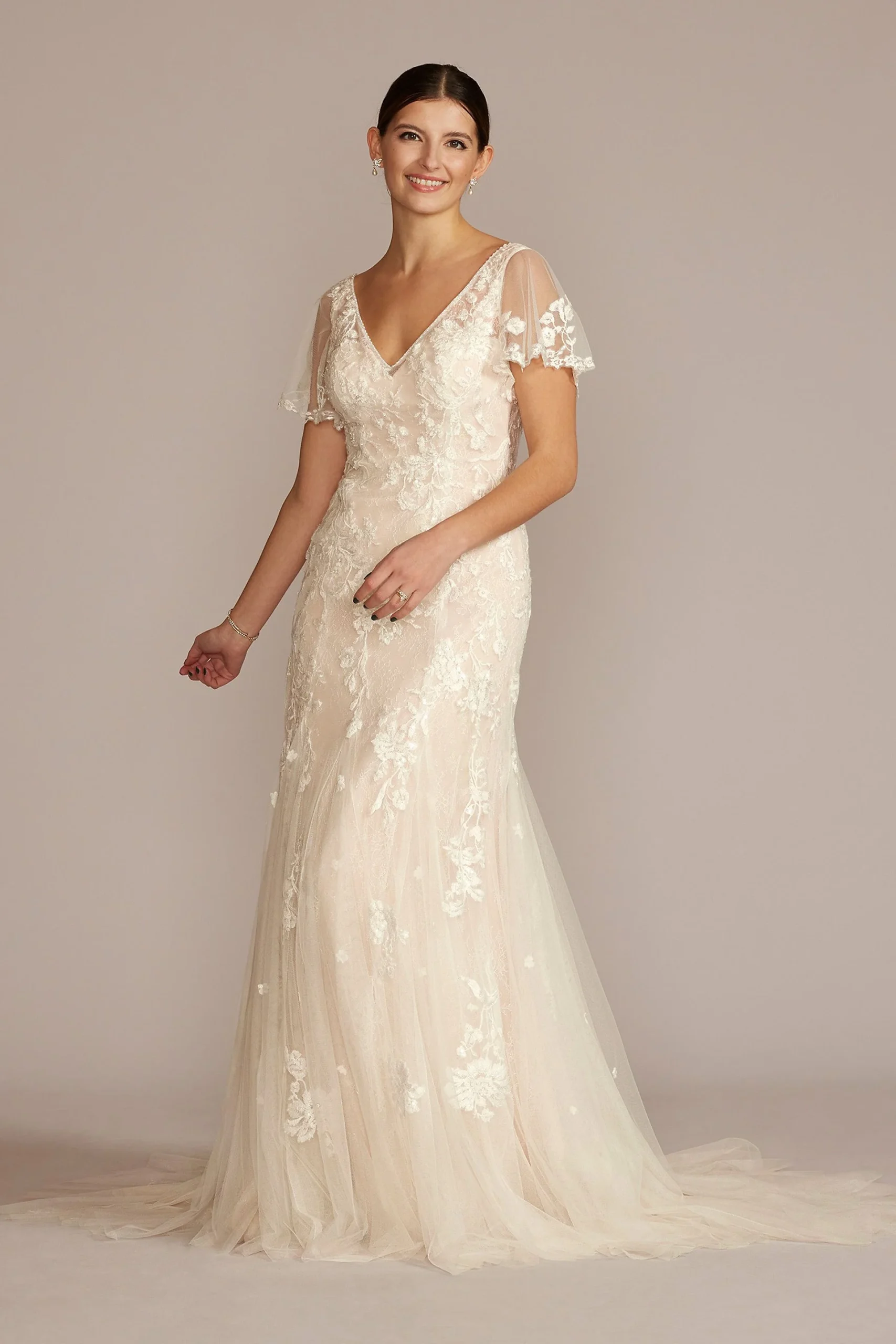 Tulle Flutter Sleeve Mermaid Wedding Gown