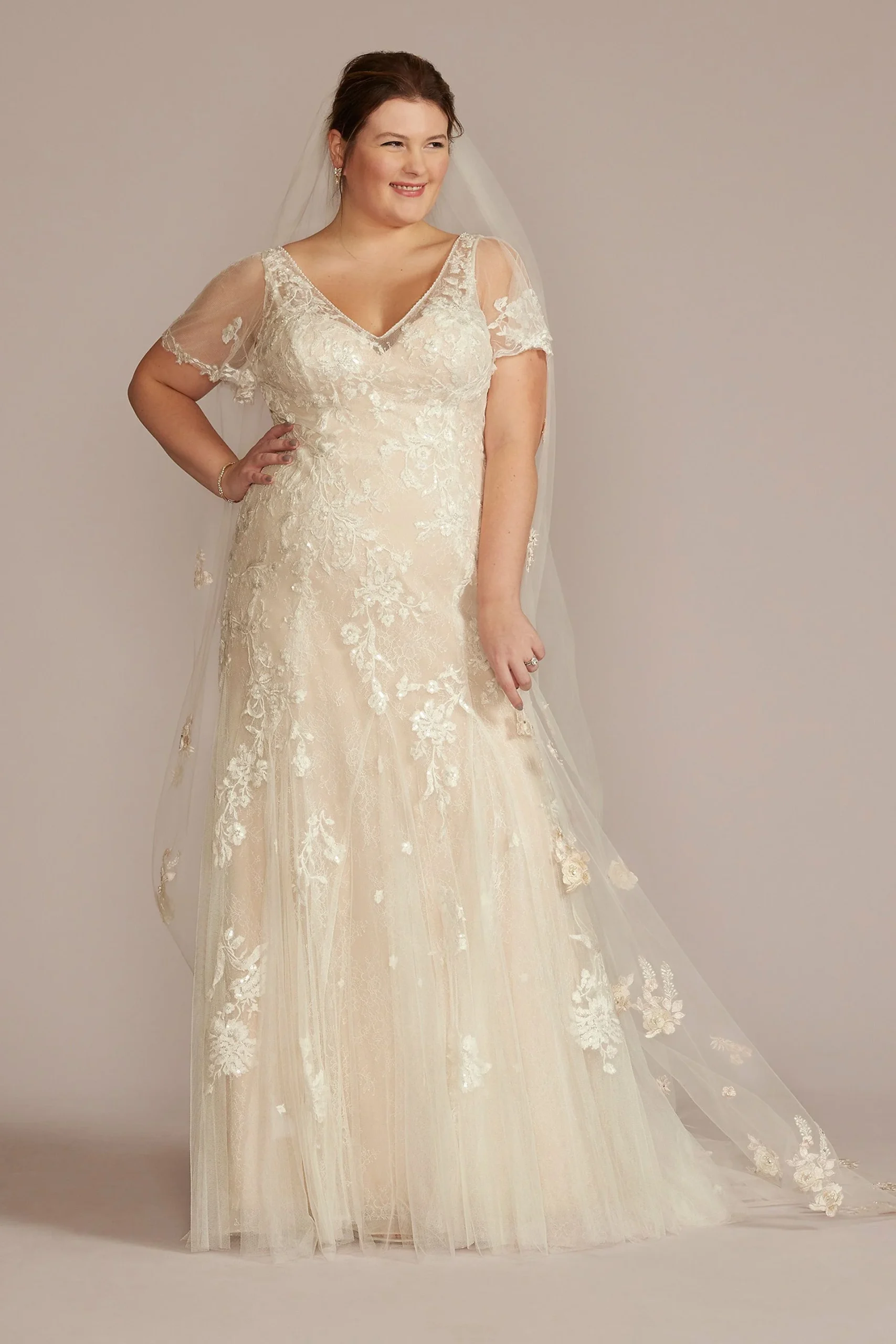 Tulle Flutter Sleeve Plus Size Wedding Gown