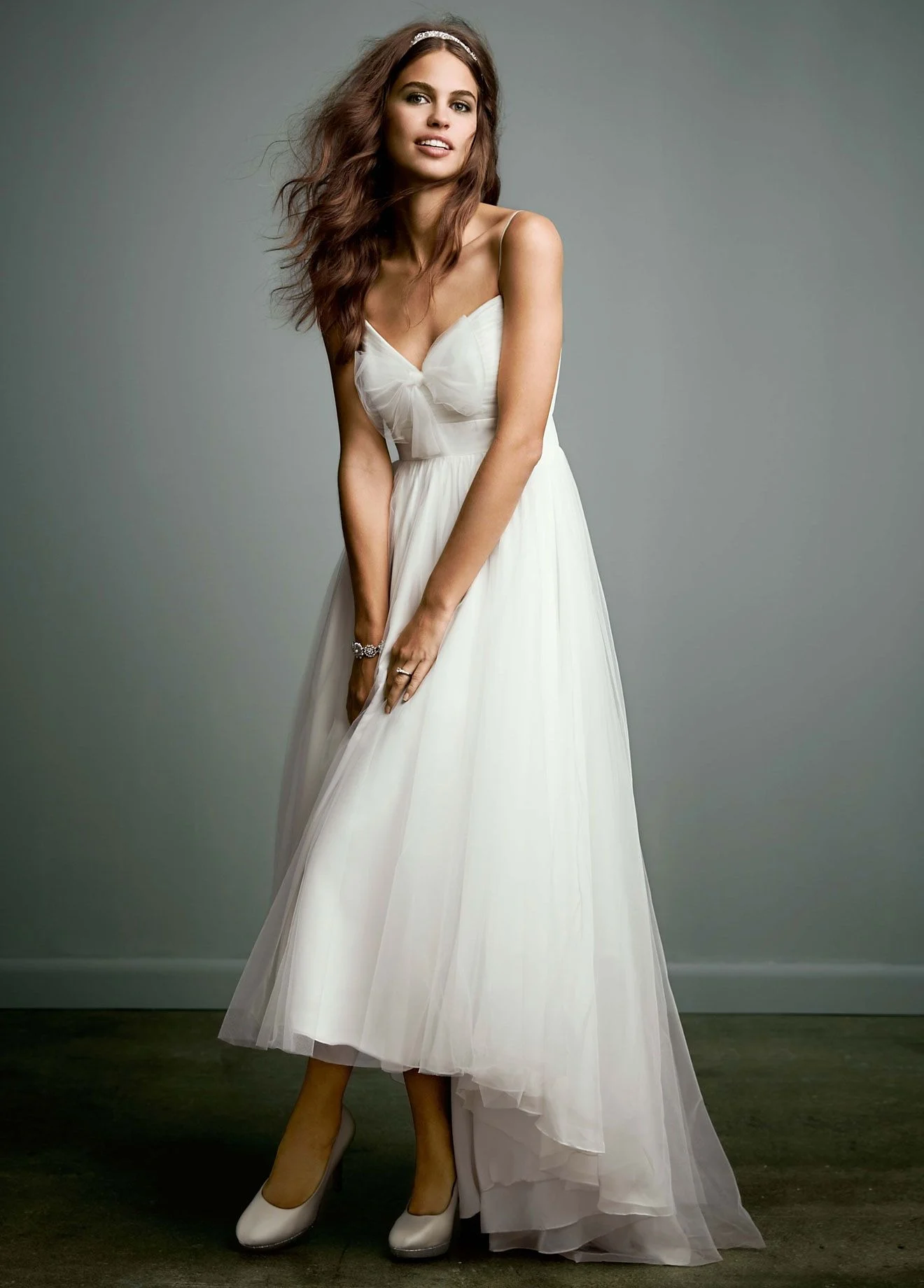 Tulle Over Chiffon High Low Dress with Bow Accent