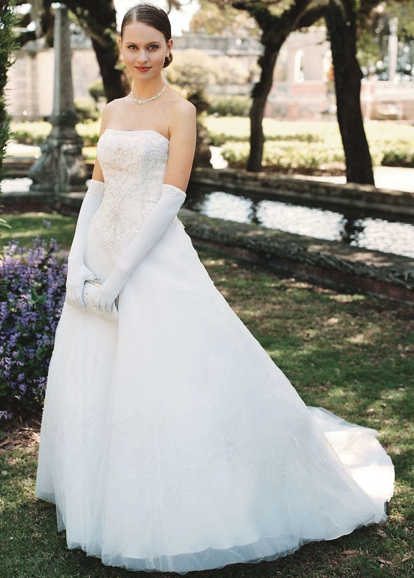 Tulle Over Satin Gown with Metallic Embroidery