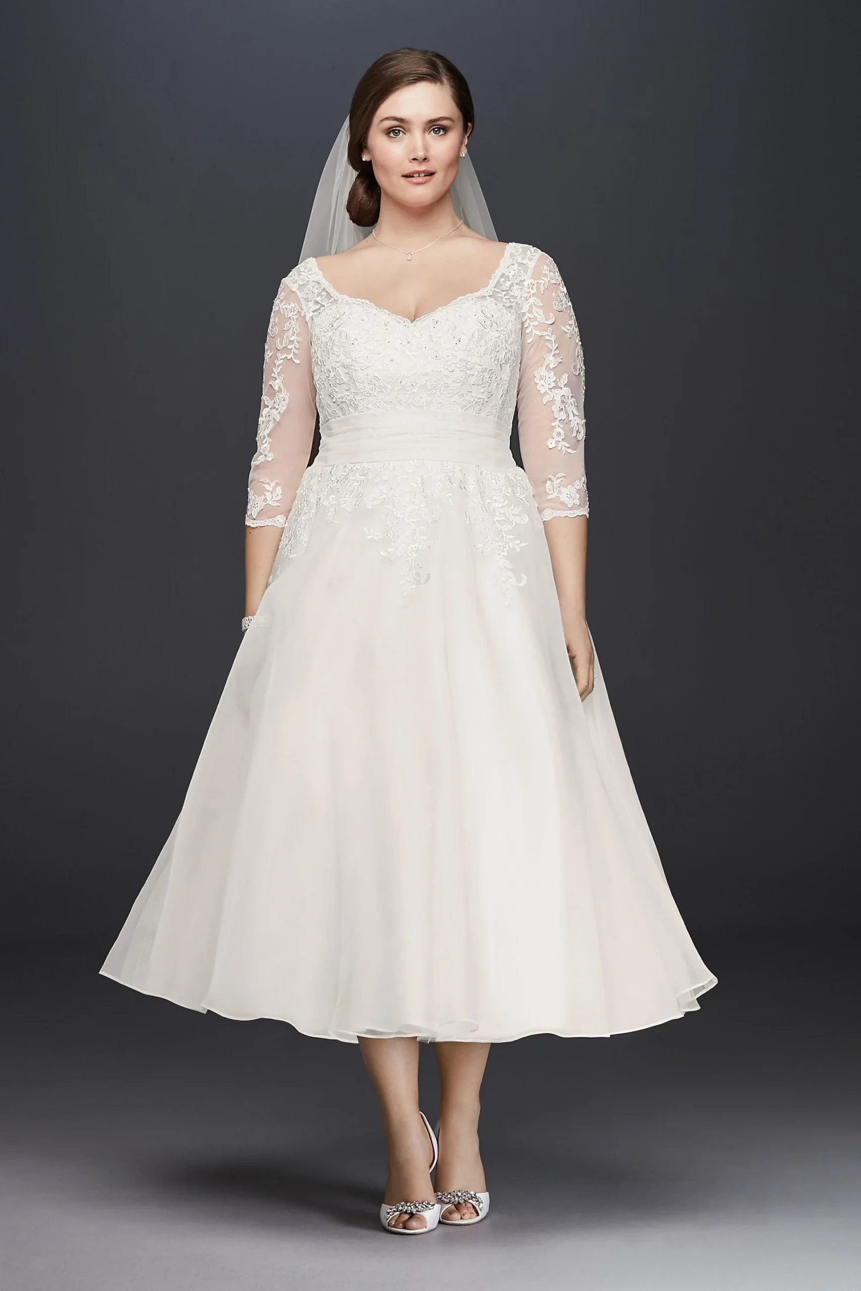 Tulle Plus Size Tea-Length Wedding Dress
