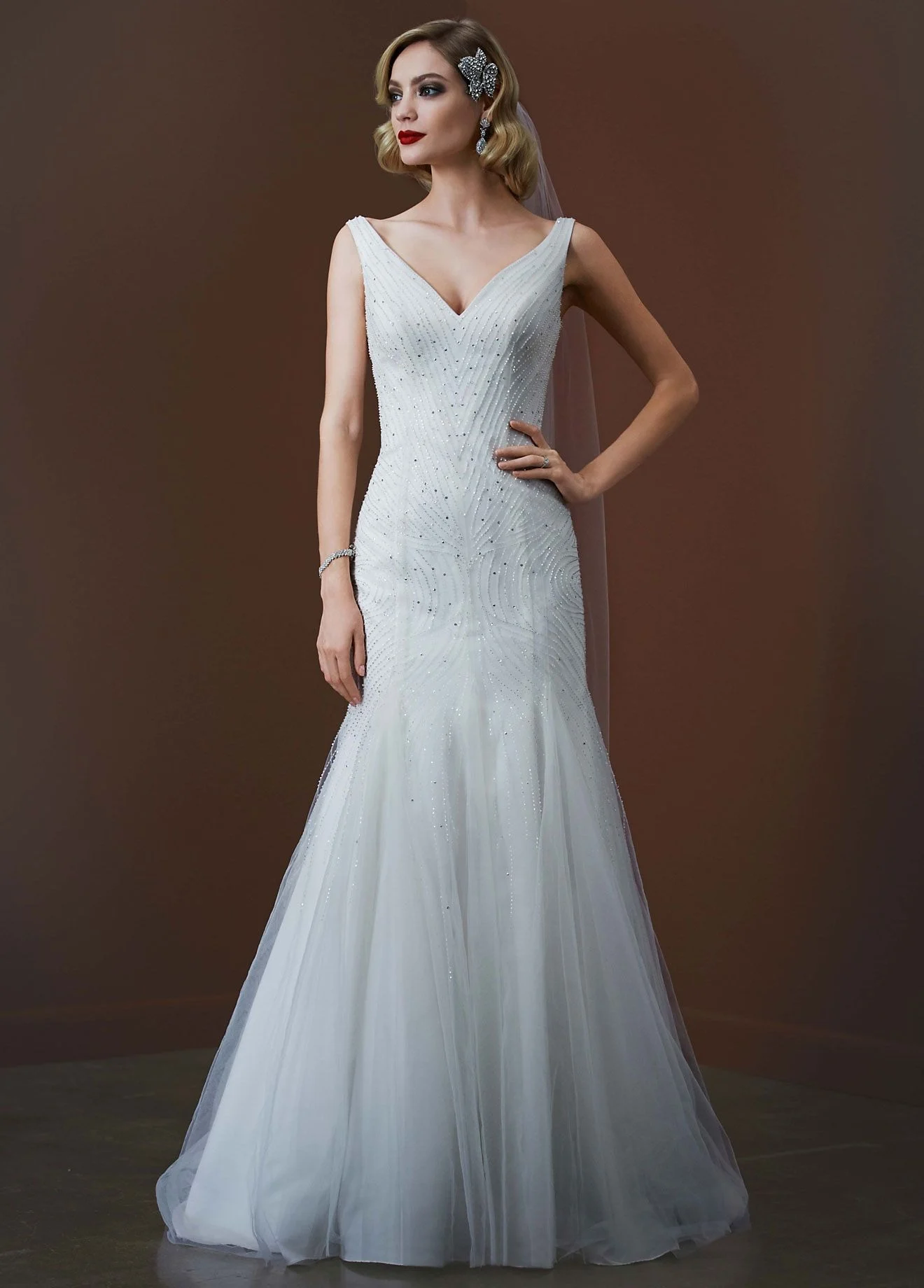 Tulle Tank Gown with Deep V Neckline