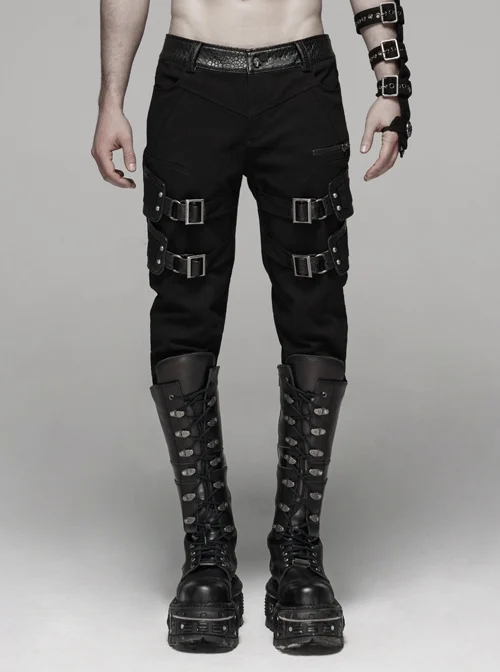 Twill Fabric Coarse Grain Skull Button Metal Buckle Leather Loop Black Punk Trousers
