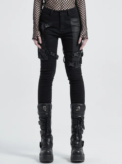 Twill Splice Crack Skin Side Pocket Plastic Buckle Legs Loop Black Punk Tight Trousers