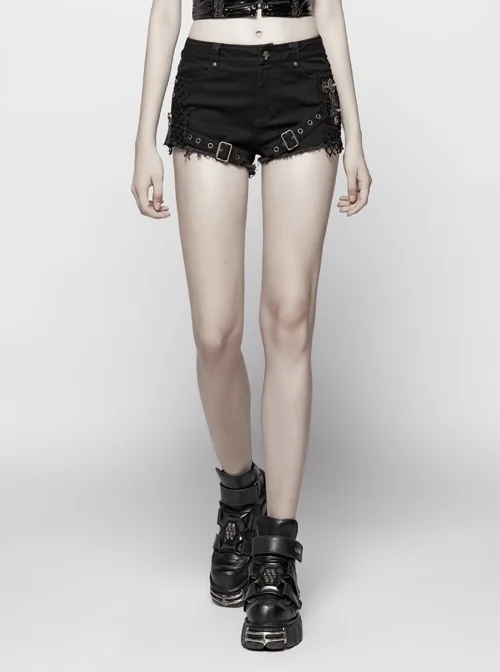 Twill Splice Mesh Metal Buckle Hasp Gear Spike Rough Selvedge Black Punk Short Trousers