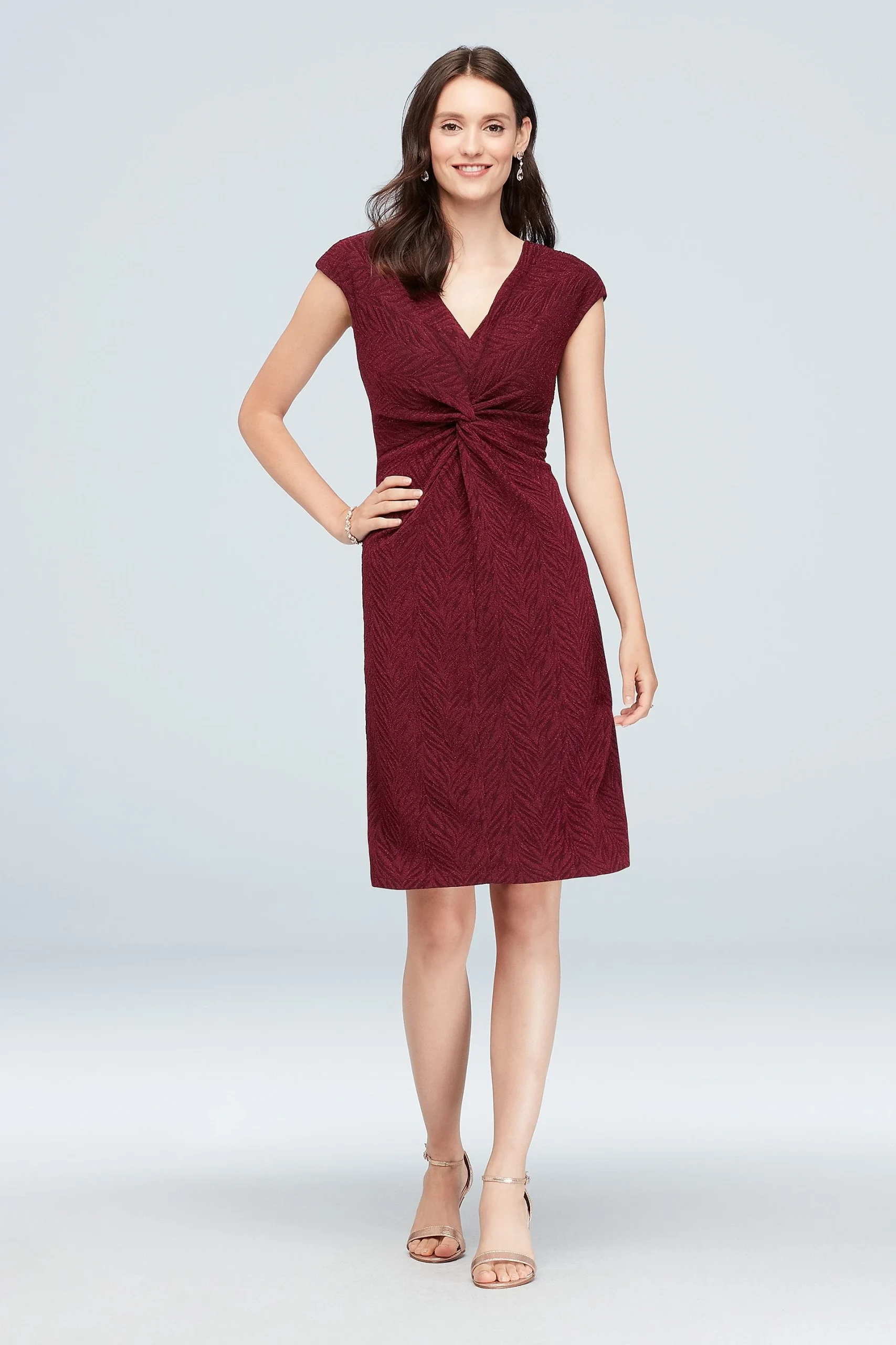 Twist-Front Metallic Jaquard Short Sheath Dress