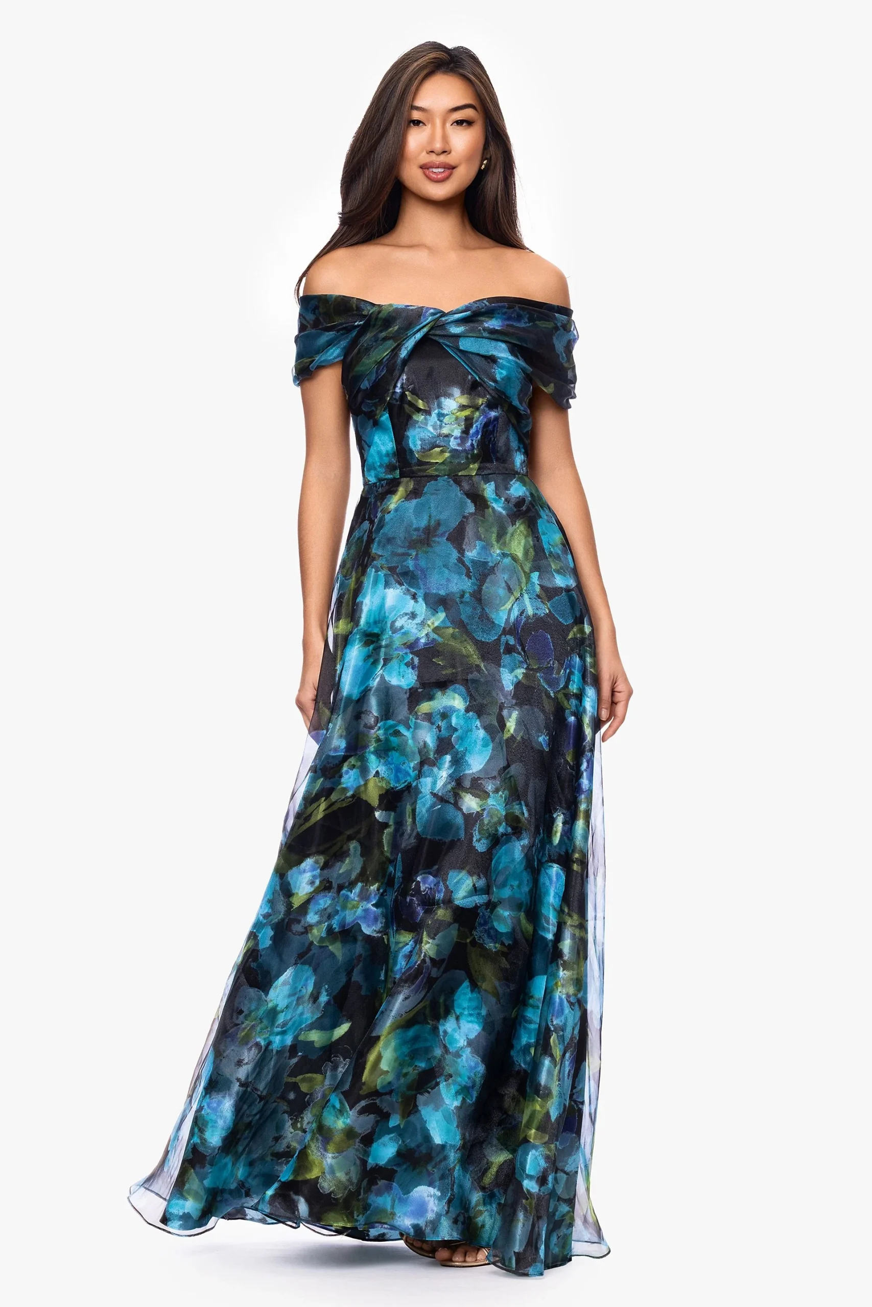 Twist Front Off-the-Shoulder Floral Organza A-Line
