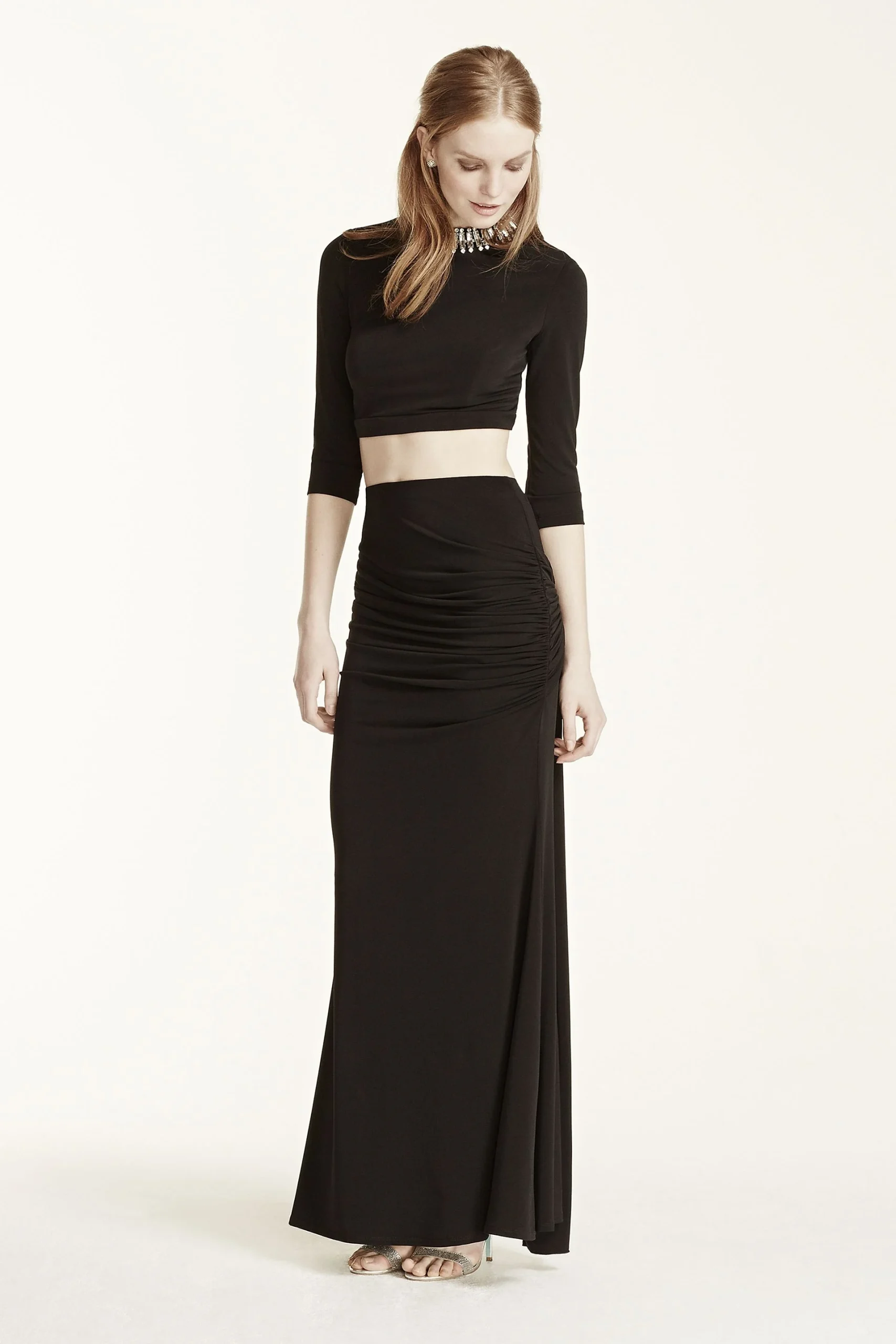 Two Piece Beaded Collar Crop with Jersey Skirt
