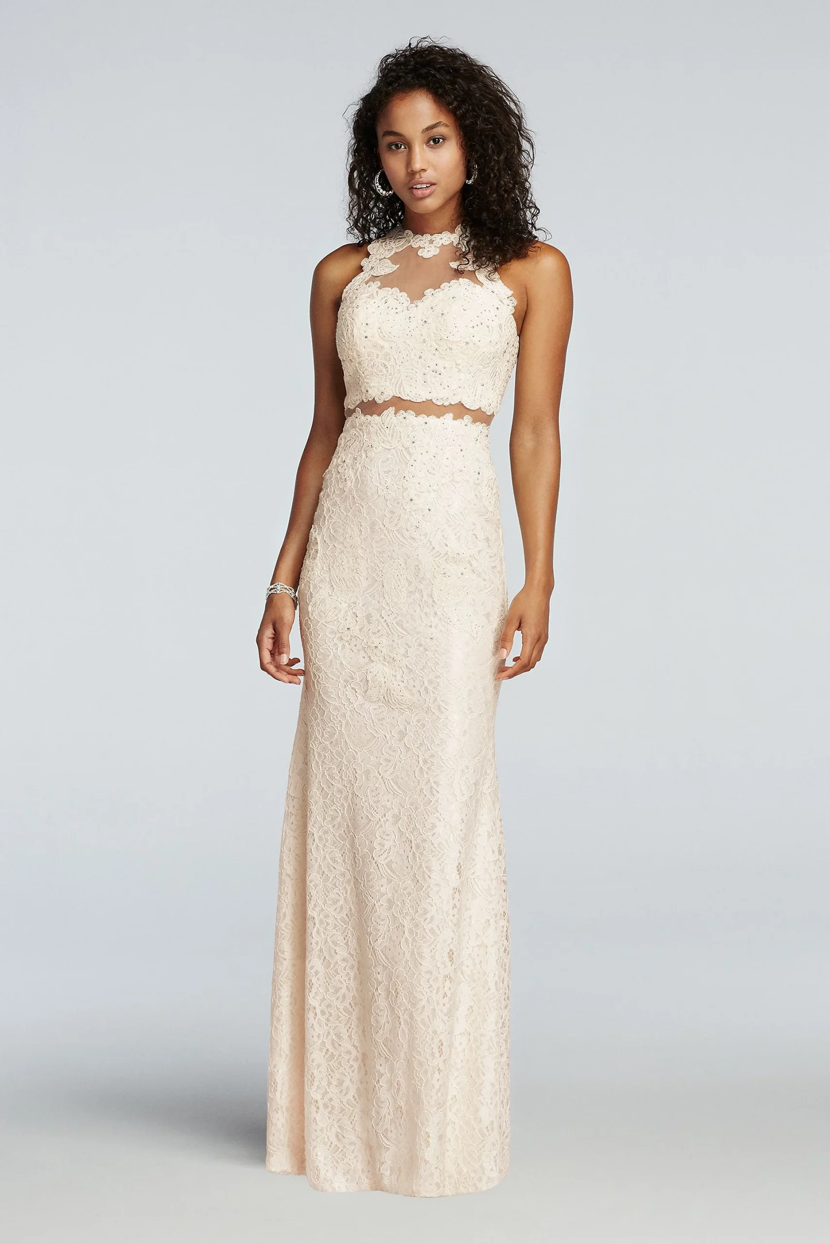 Two Piece Beaded Lace Prom Crop Top and Skirt