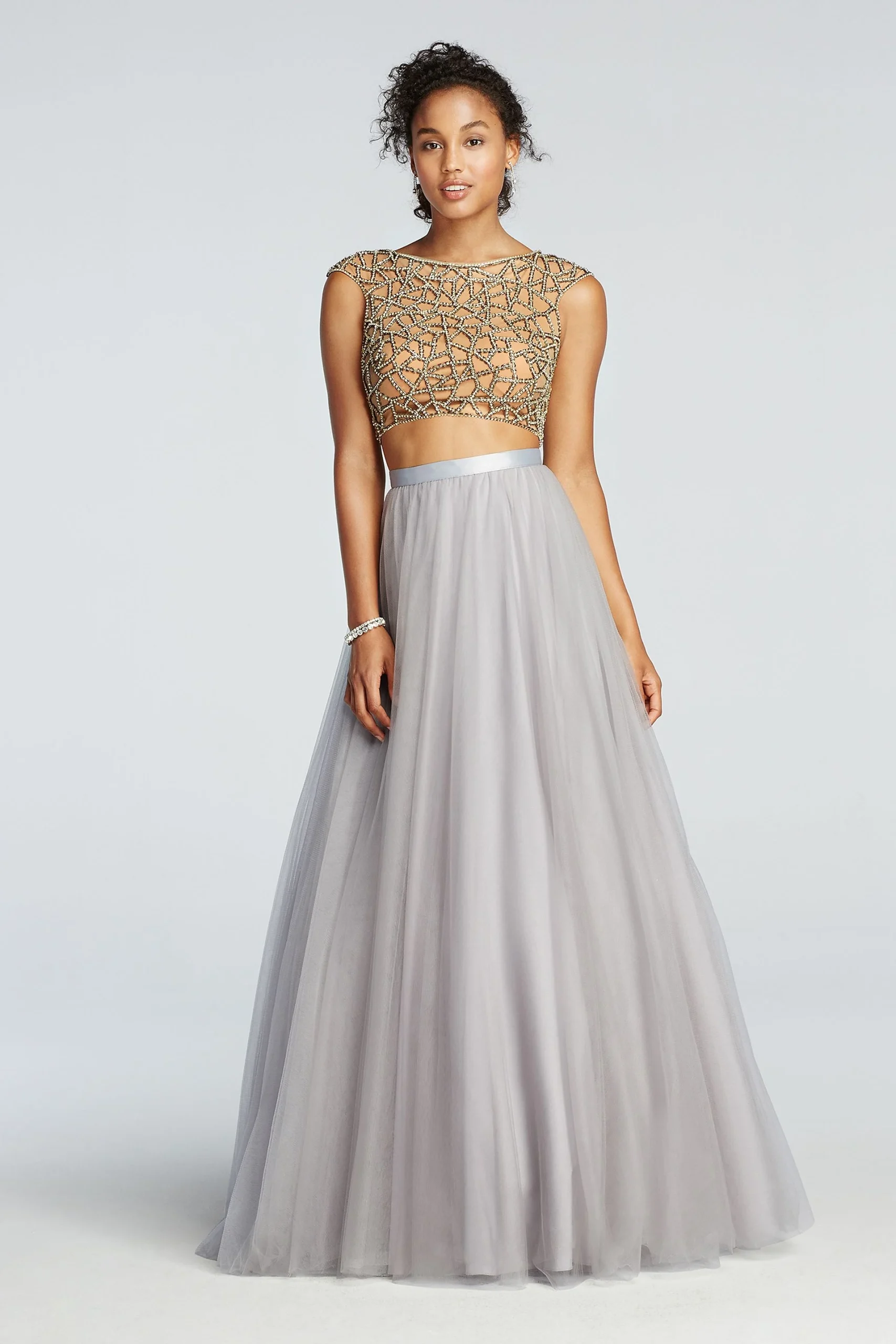 Two Piece Beaded Prom Crop Top with Tulle Skirt