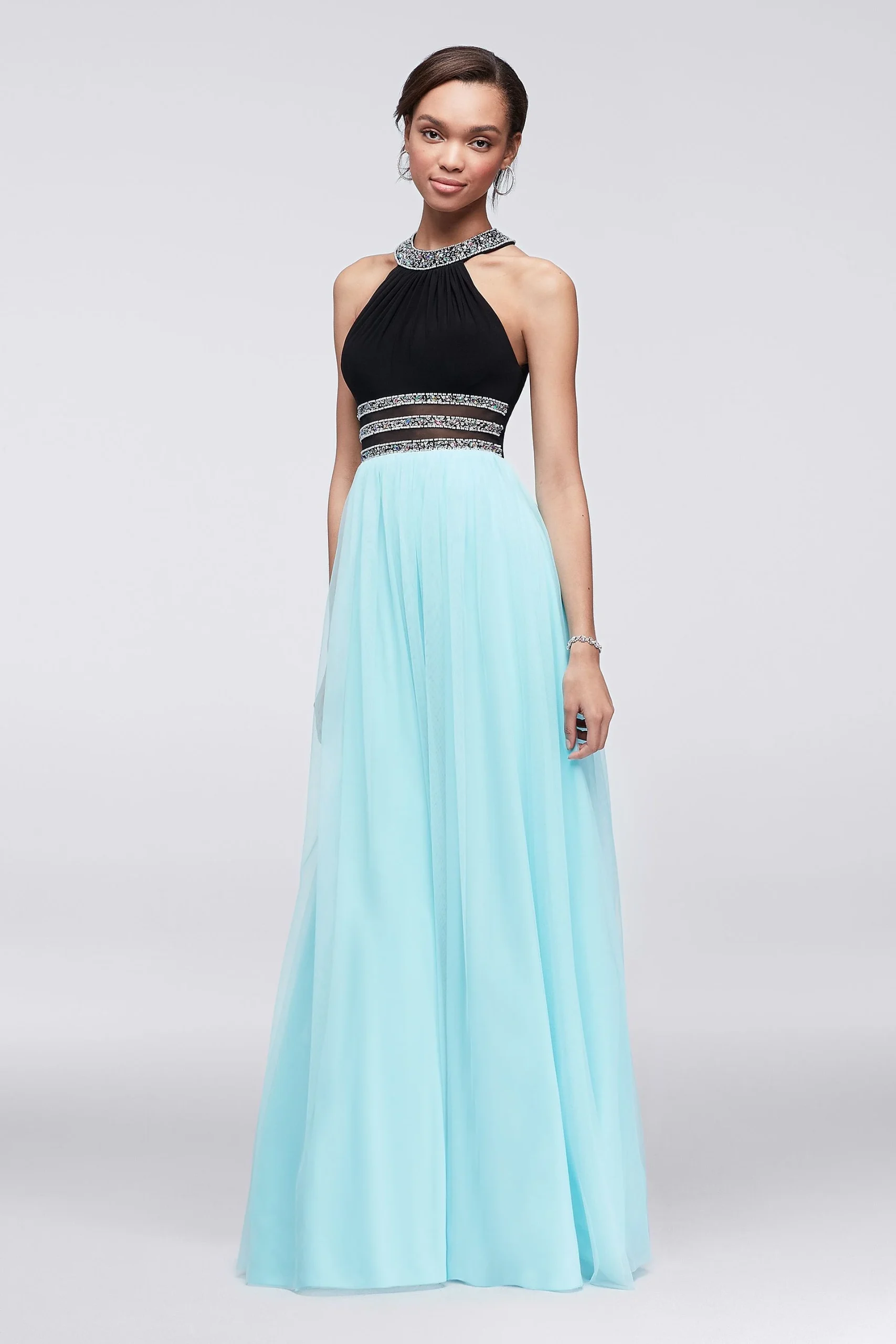 Two-Tone Halter Dress with Beaded Waist