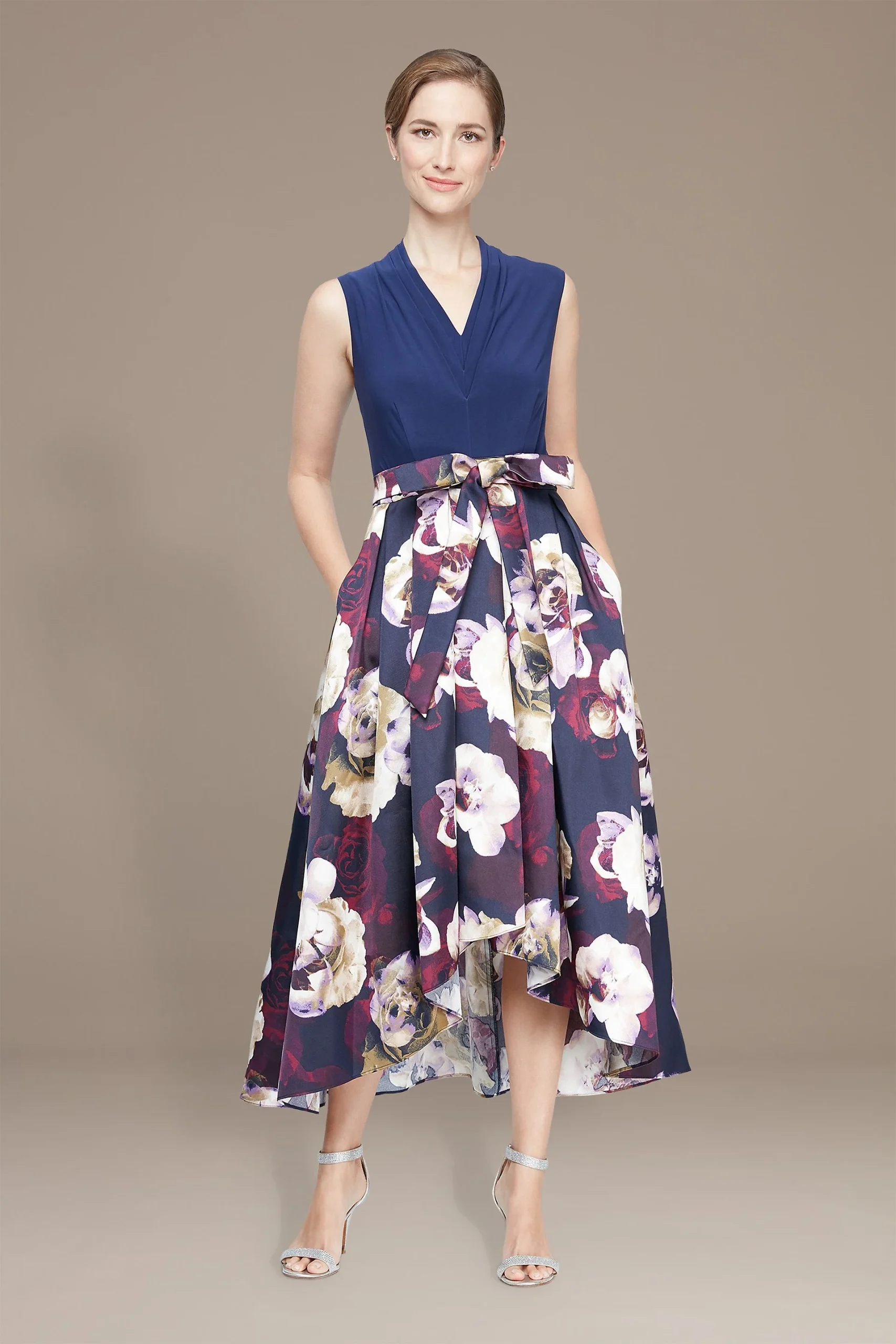V-Neck Floral Mikado High-Low Ball Gown