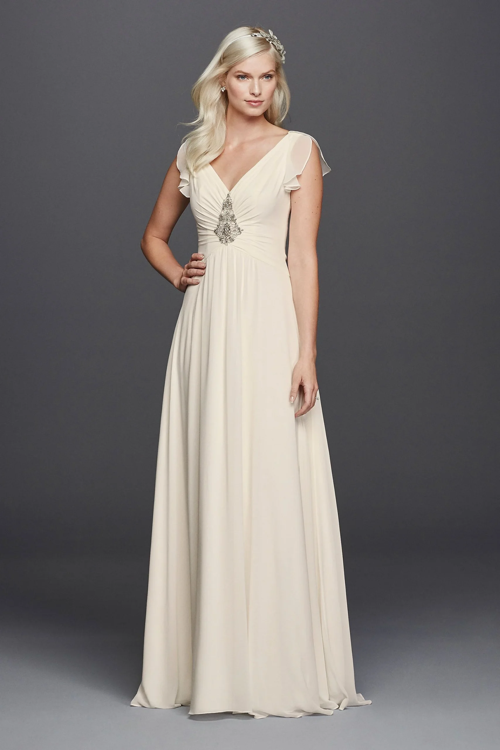 V-Neck Flutter Sleeve Embellished Wedding Dress