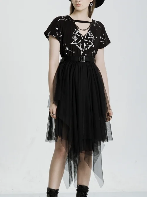 V-Neck Front Chest Print Buckle Belt Irregular Mesh Hem Black Punk Dress