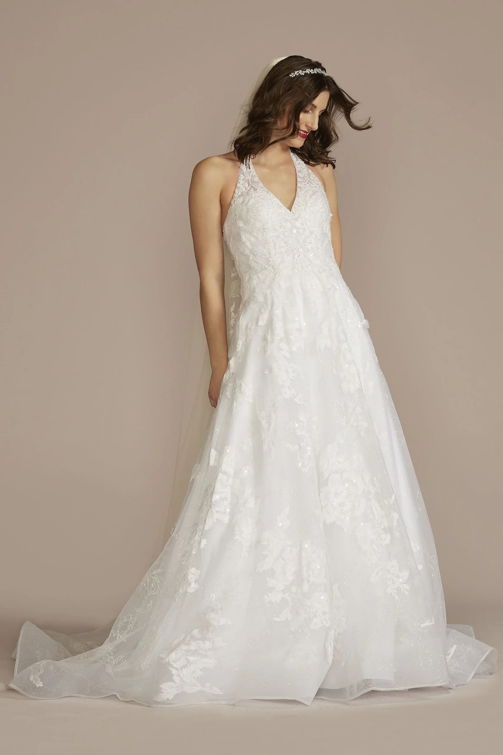 V-Neck Halter Beaded Ball Gown Wedding Dress