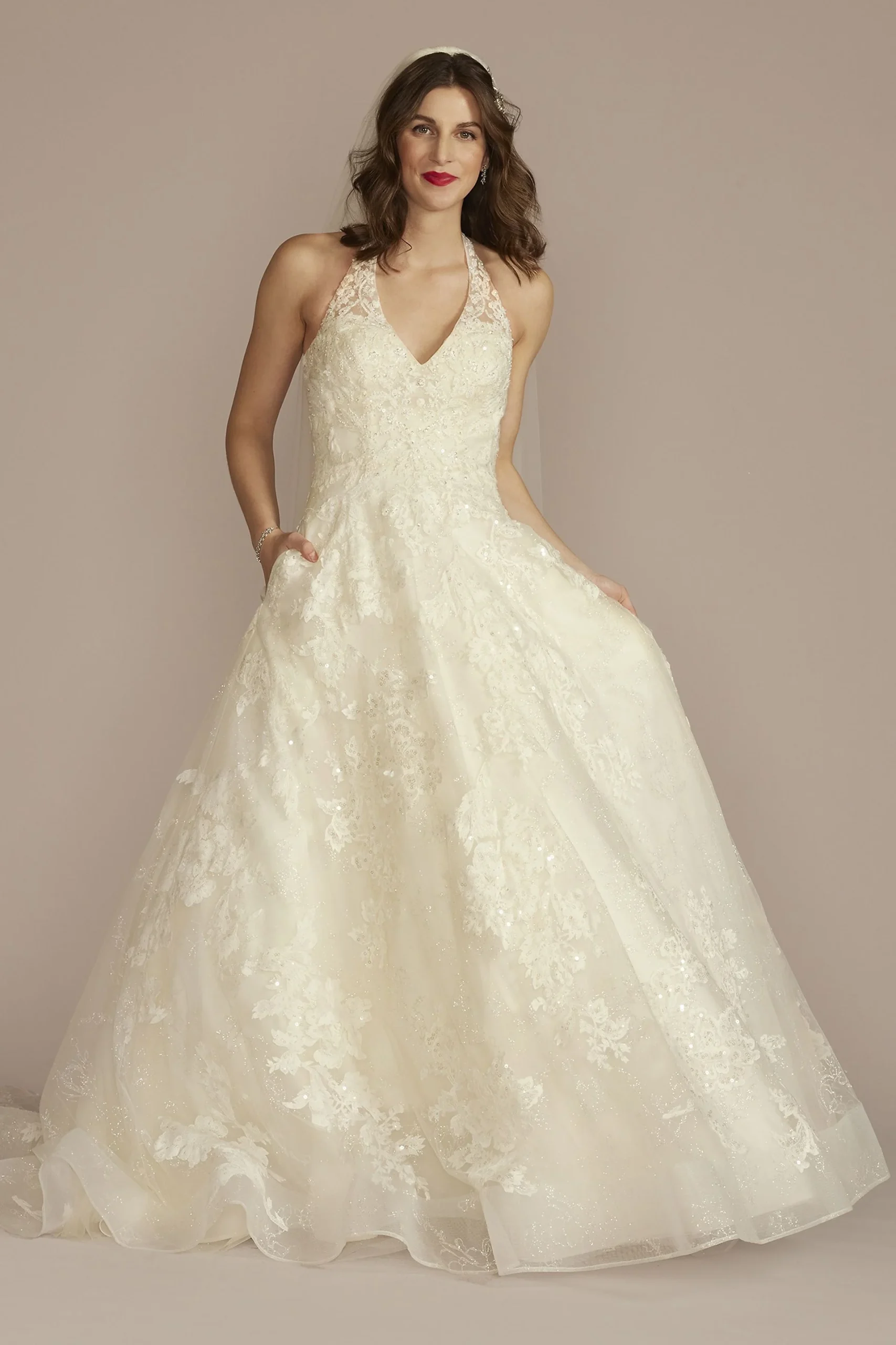 V-Neck Halter Beaded Lace Ball Gown Wedding Dress
